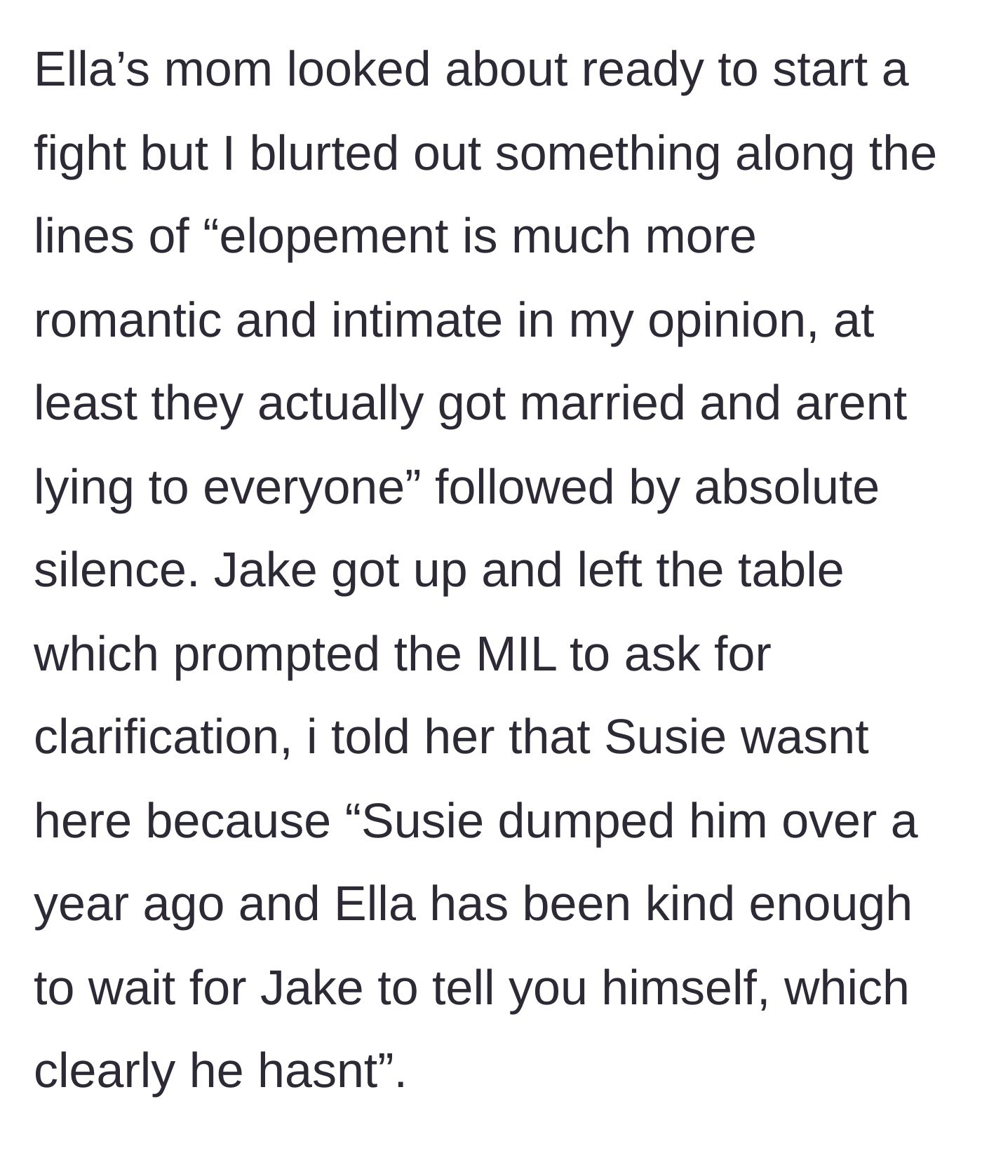 Story part 5 - The main character claps back, revealing the broken engagement, causing the golden child to flee the table.