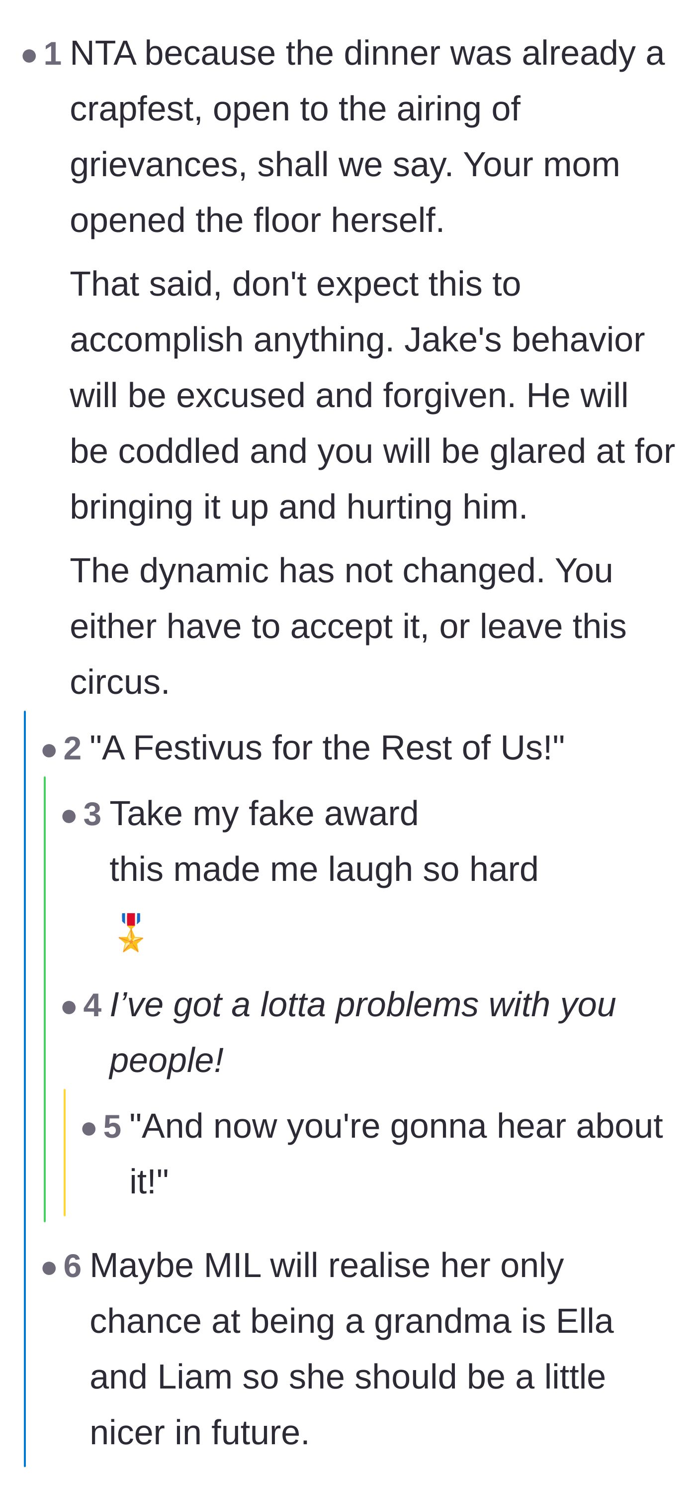 Comment thread 1 - A discussion about the family's toxic dynamic and how the golden child will always be coddled regardless of his awful actions.