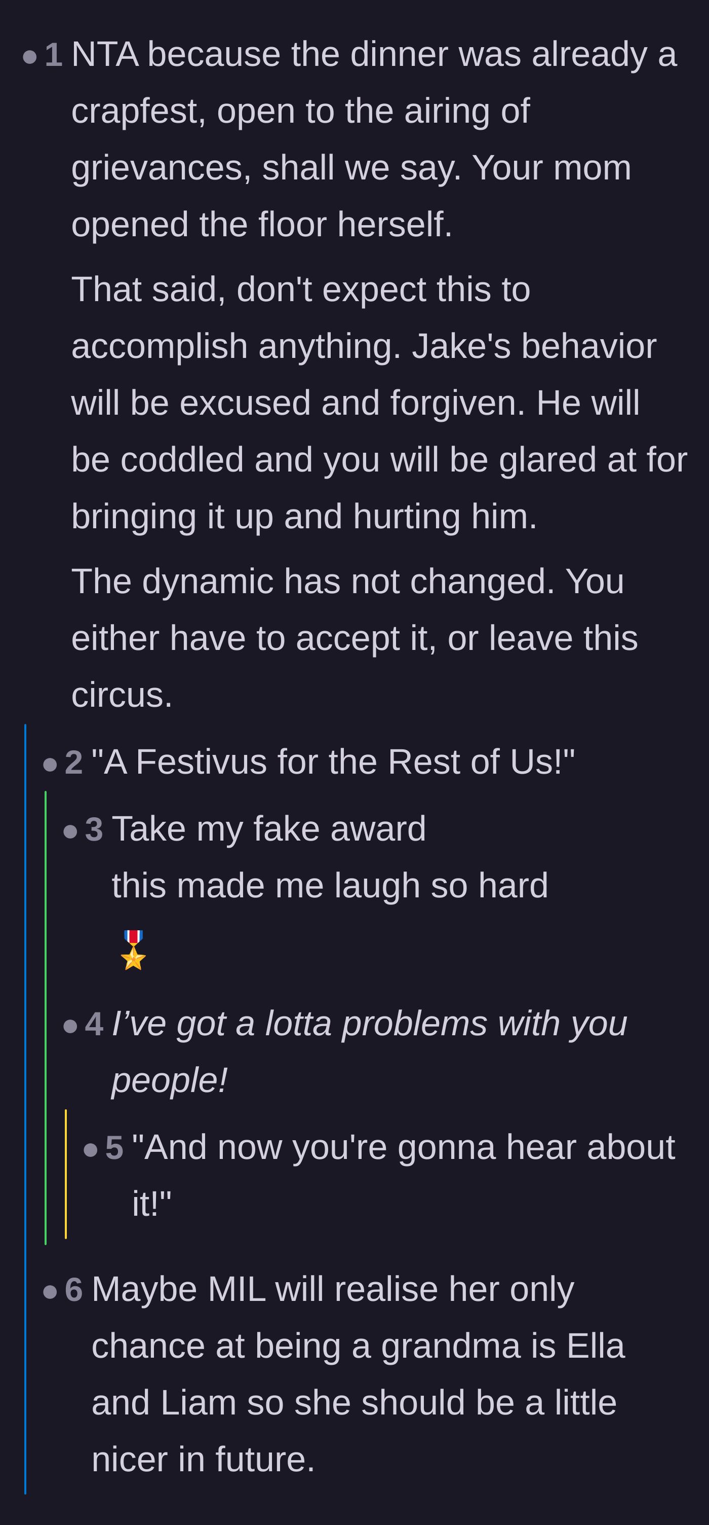 Comment thread 1 - A discussion about the family's toxic dynamic and how the golden child will always be coddled regardless of his awful actions.