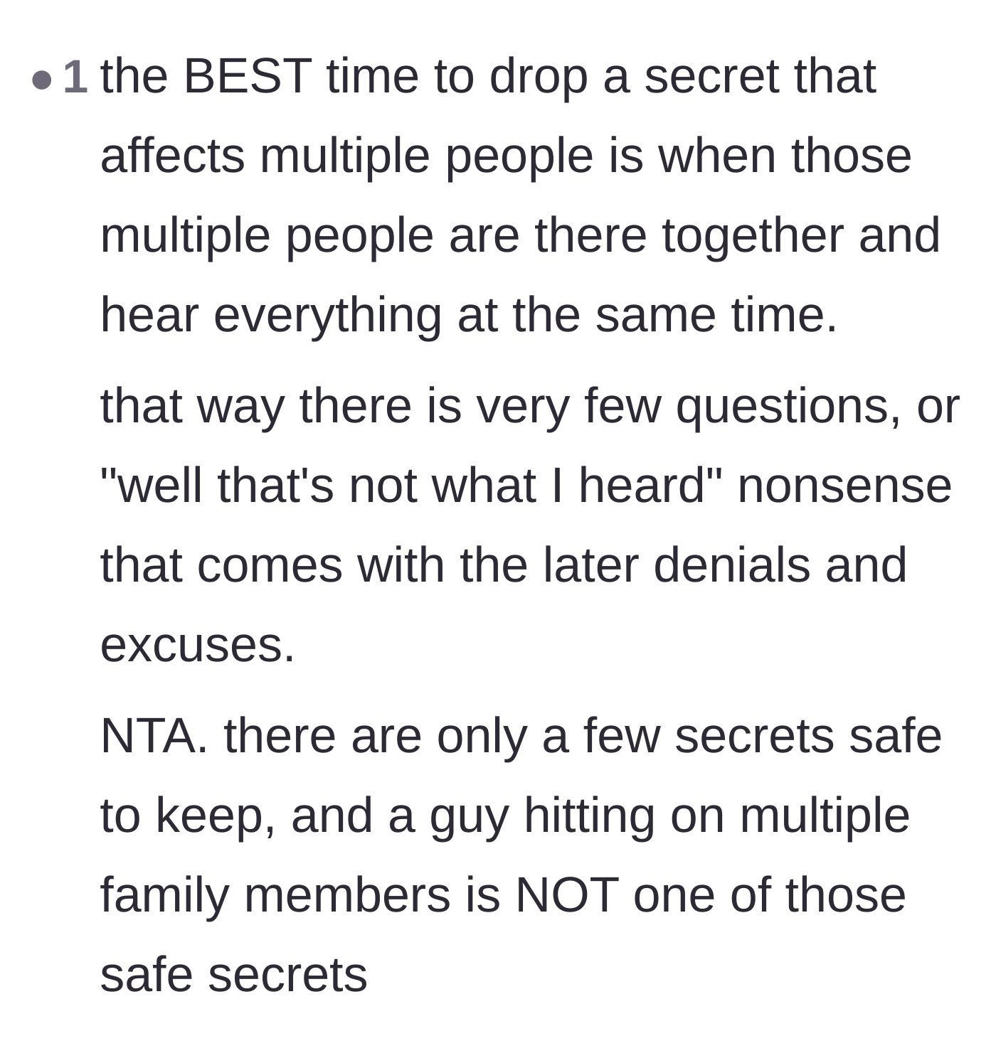 Comment thread 6 - Agreement that dropping massive secrets in front of a live audience prevents future lying and spin control.
