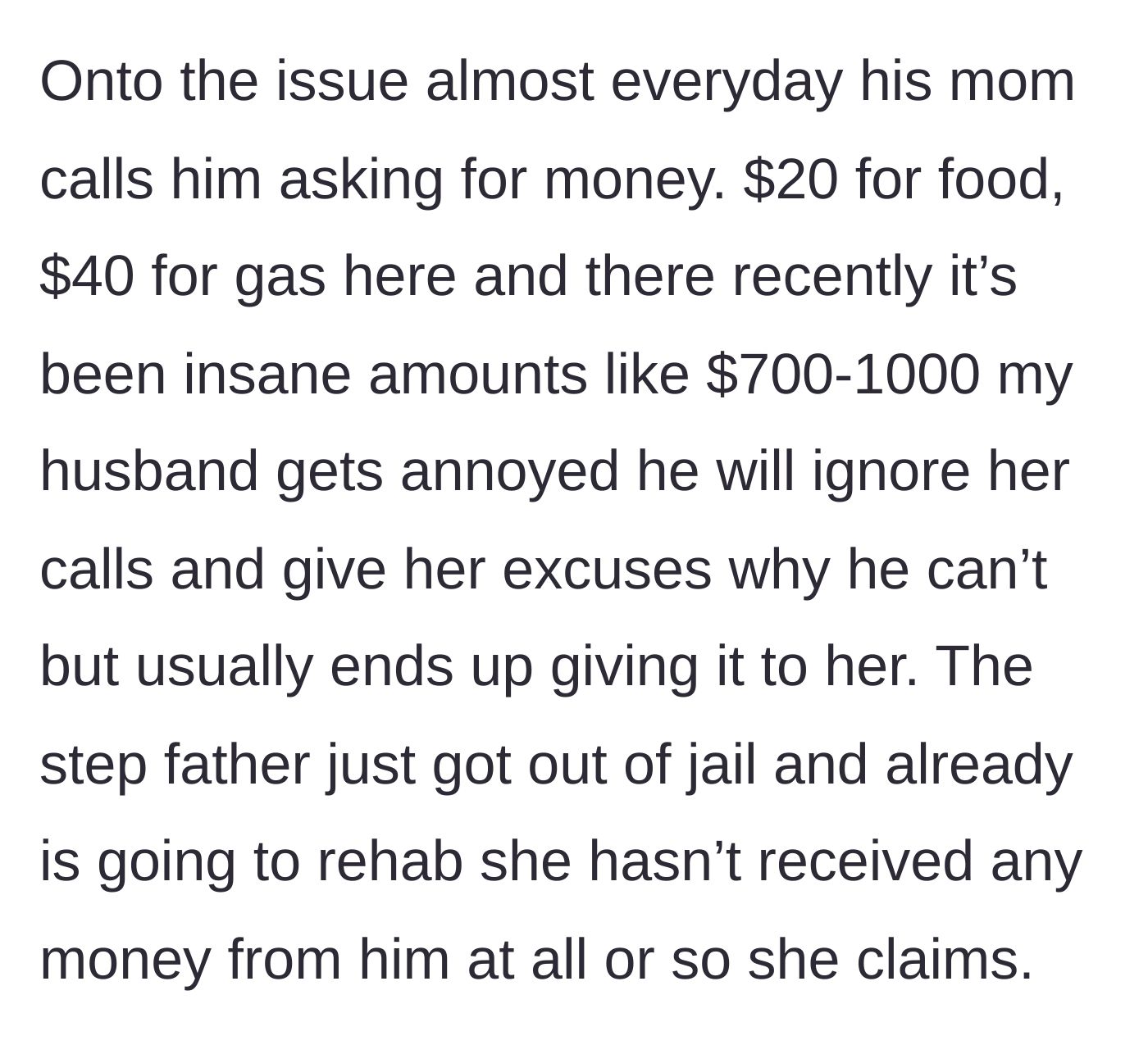 Story part 3 - A stressed husband staring at endless texts requesting money while the abusive stepdad goes to rehab.