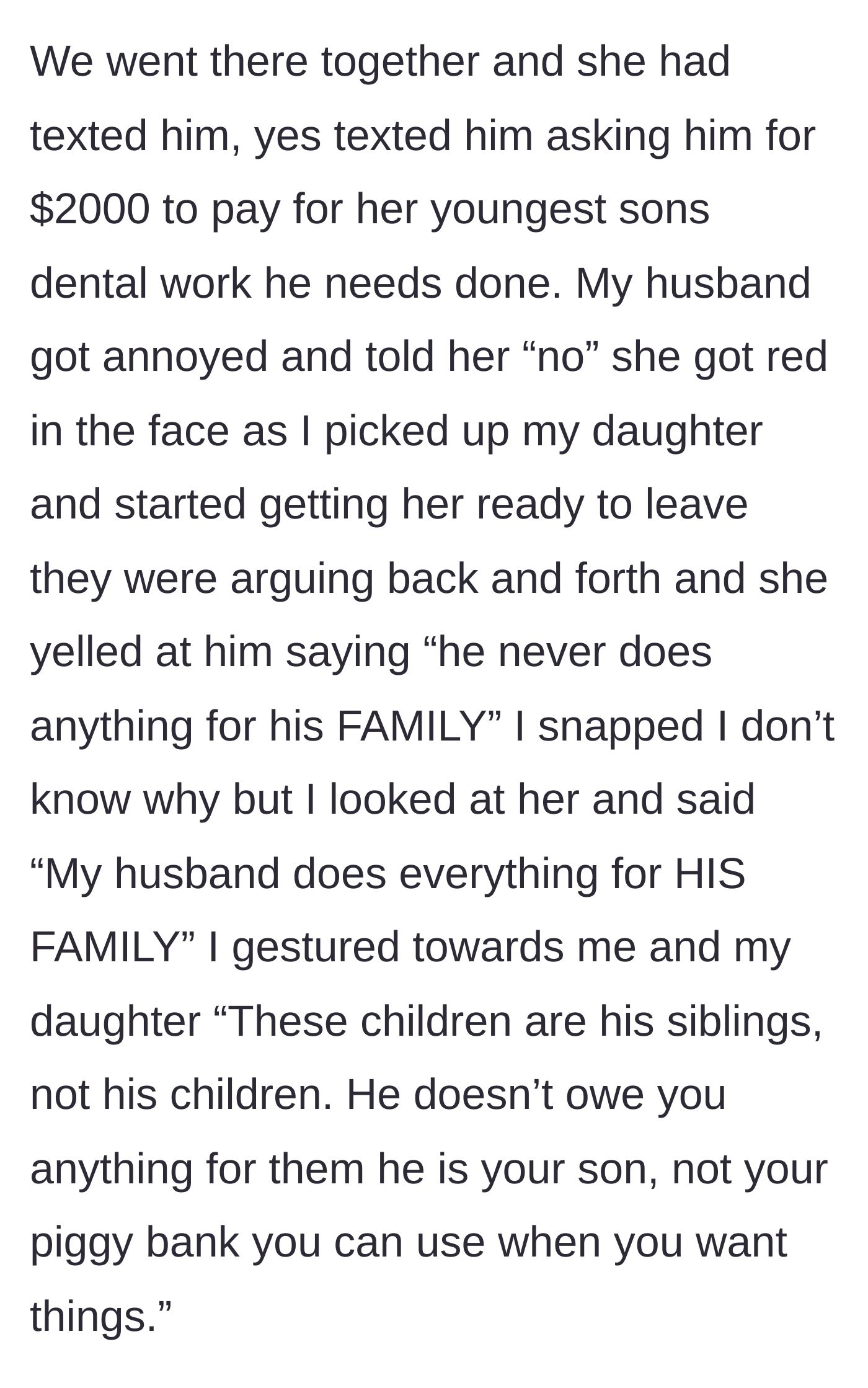 Story part 4 - A young woman fiercely defending her husband from an angry older woman demanding two thousand dollars.