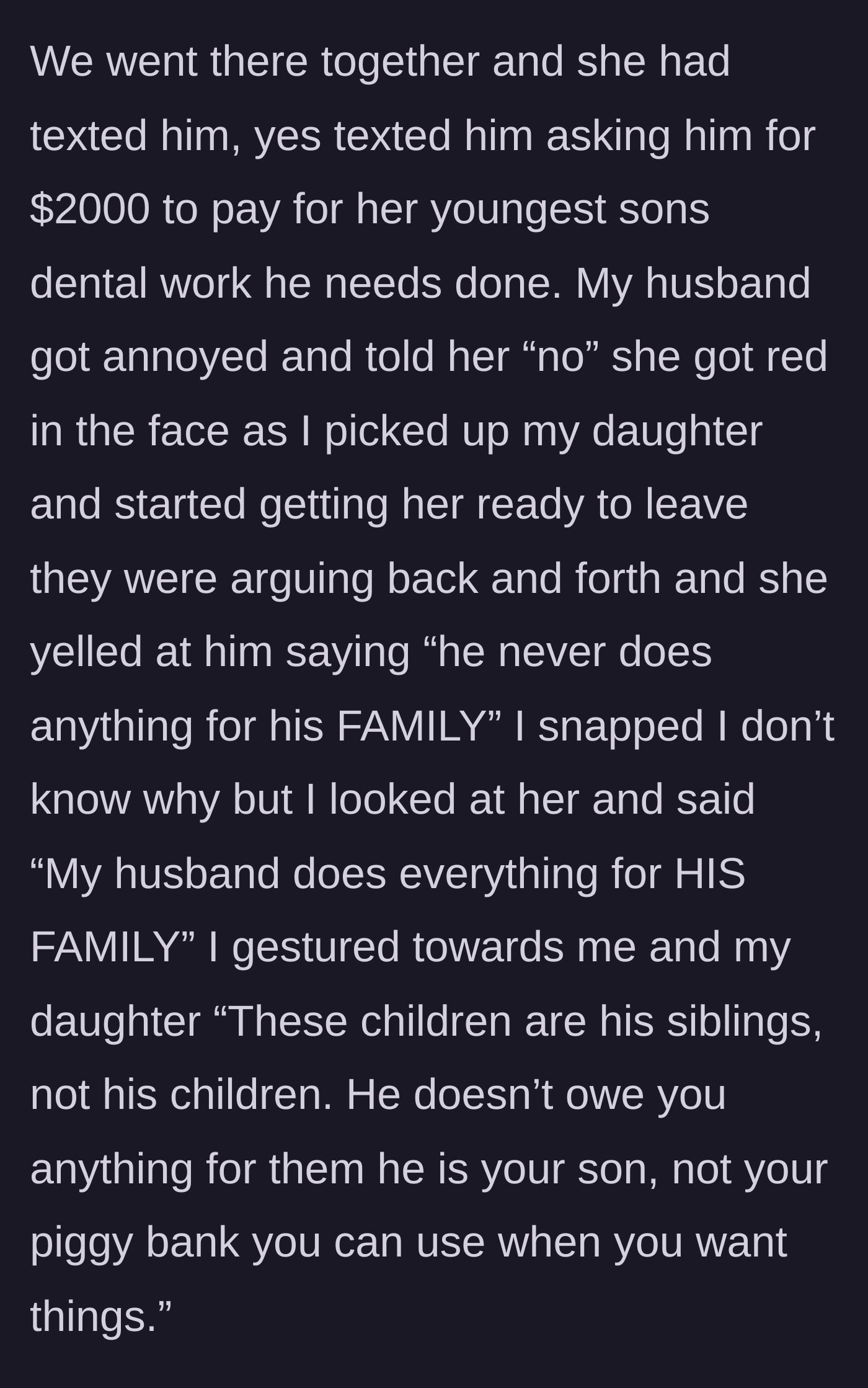Story part 4 - A young woman fiercely defending her husband from an angry older woman demanding two thousand dollars.