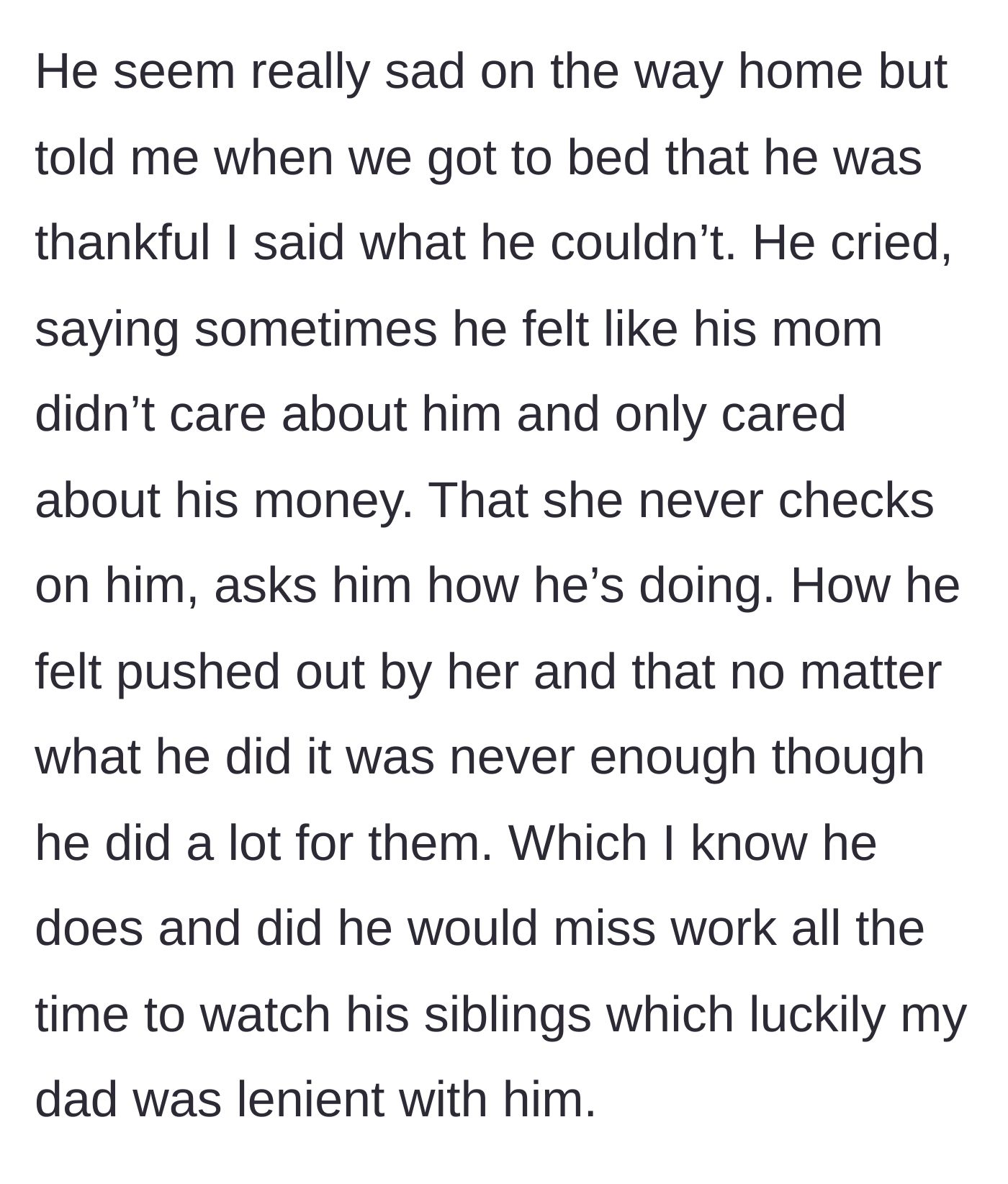 Story part 6 - A husband crying in his wife's arms in bed, letting out years of bottled-up pain over his mother's neglect.