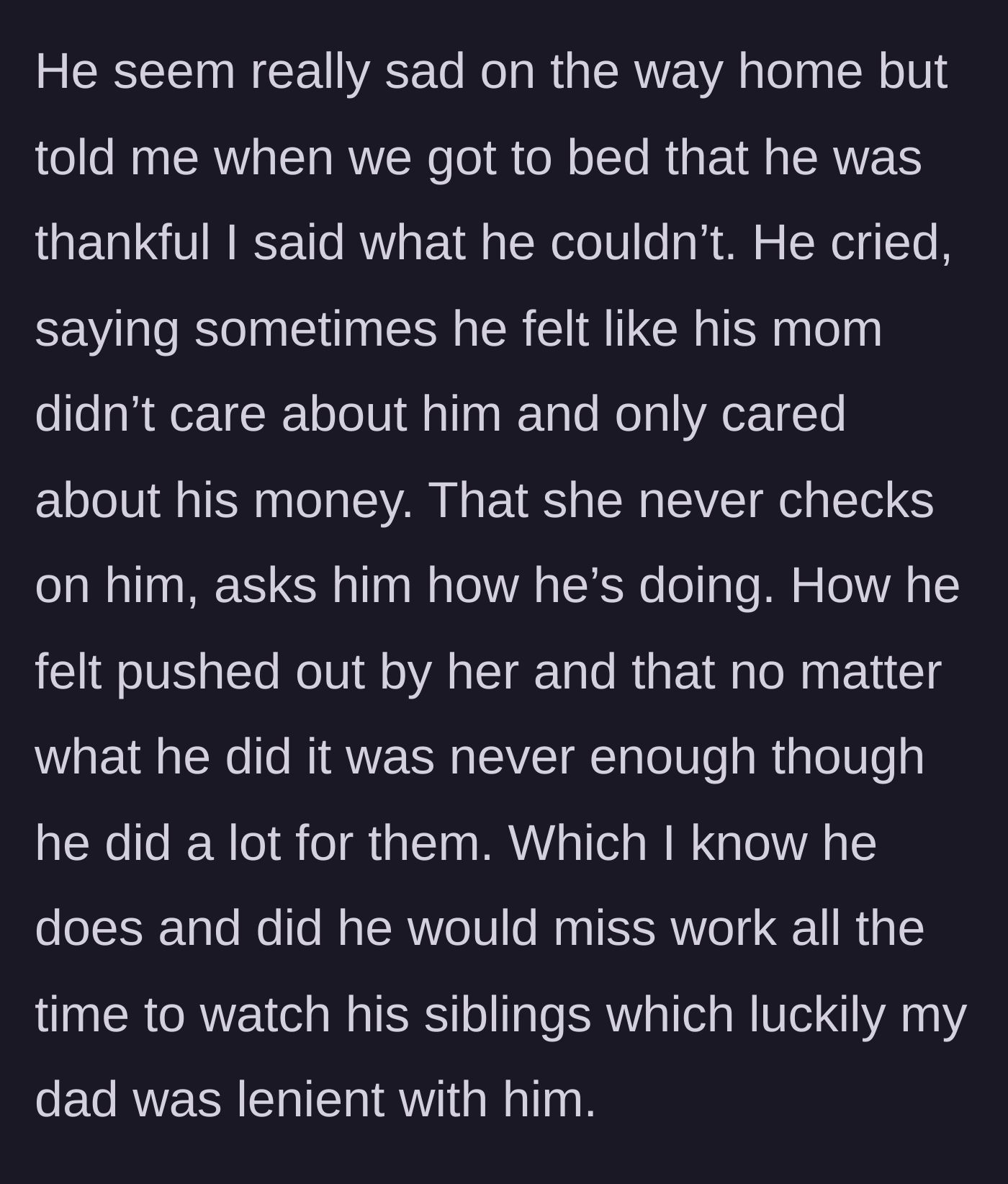 Story part 6 - A husband crying in his wife's arms in bed, letting out years of bottled-up pain over his mother's neglect.