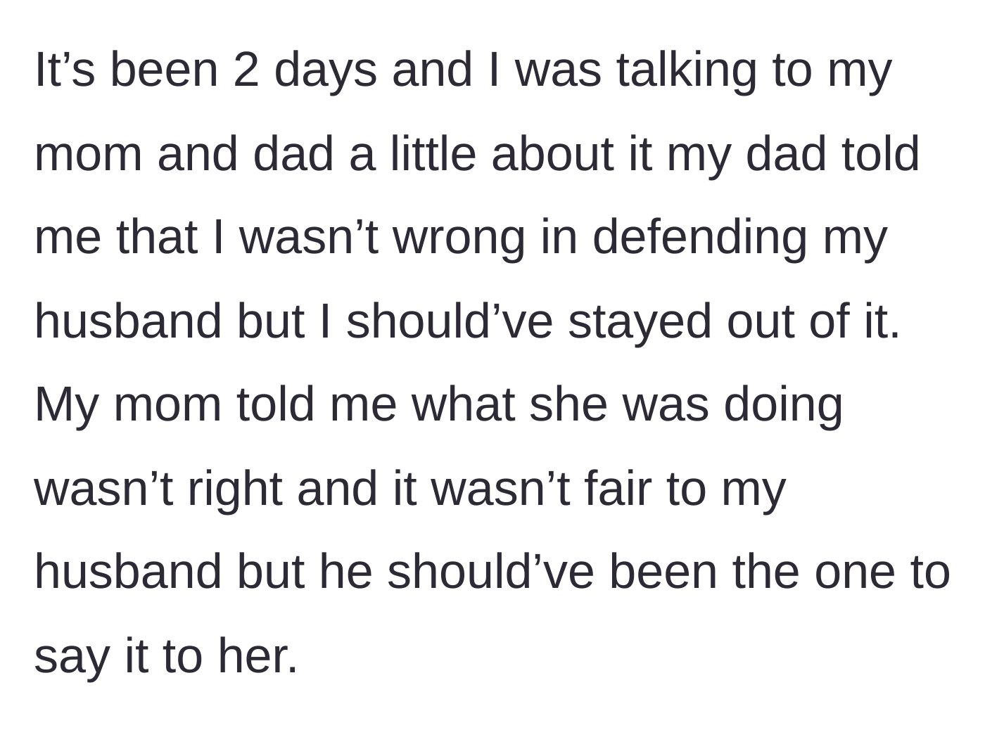 Story part 7 - Two older parents giving their daughter conflicting advice about stepping into her husband's family drama.