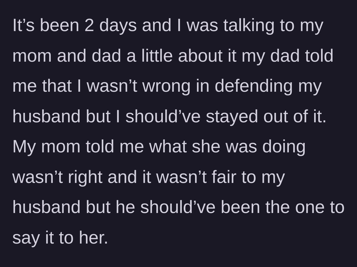 Story part 7 - Two older parents giving their daughter conflicting advice about stepping into her husband's family drama.