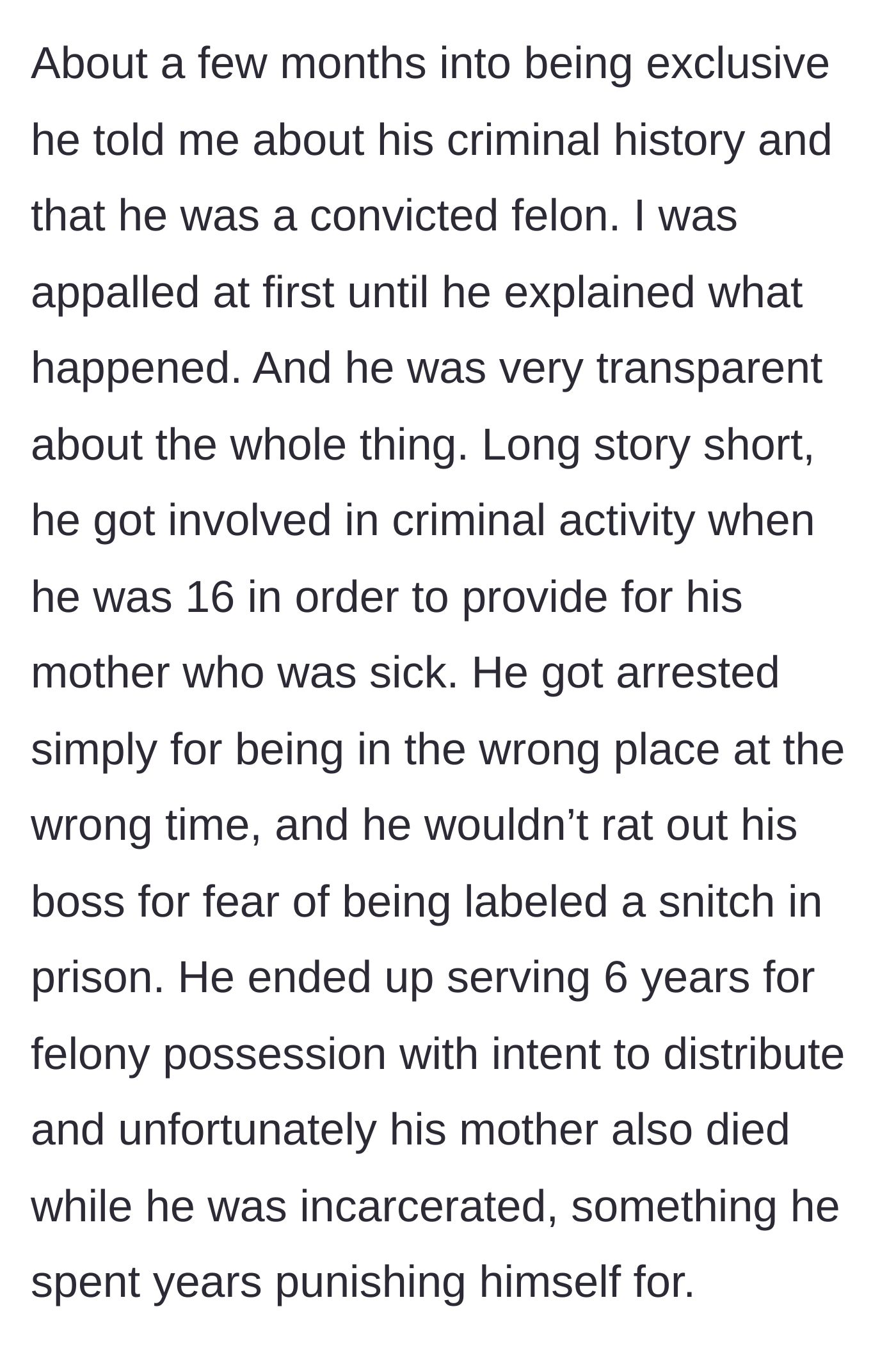 Story part 2 - The bride explains her fiancé's past conviction at age 16 for drug possession while trying to support his dying mother, which resulted in a six-year prison sentence.