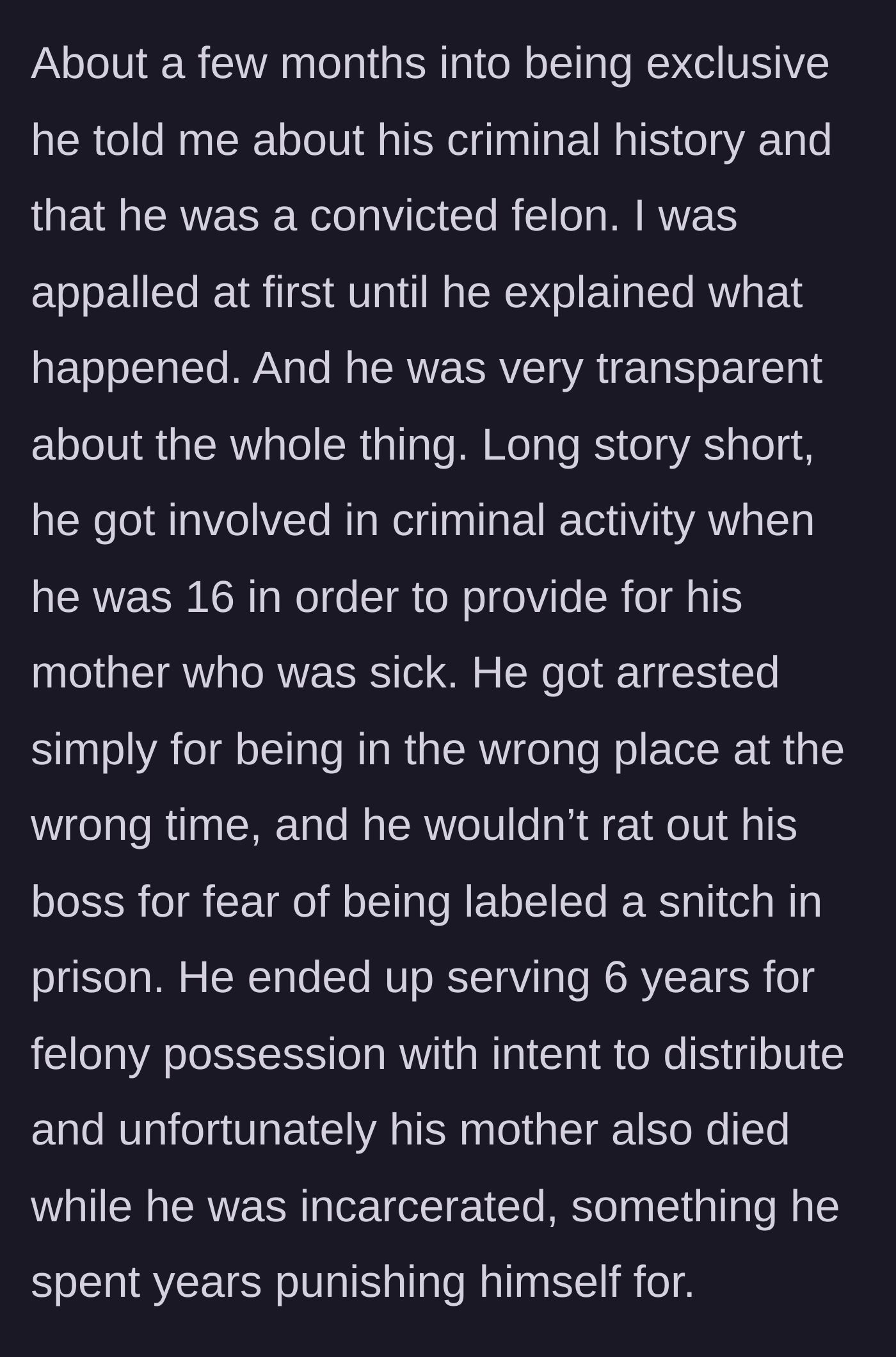 Story part 2 - The bride explains her fiancé's past conviction at age 16 for drug possession while trying to support his dying mother, which resulted in a six-year prison sentence.
