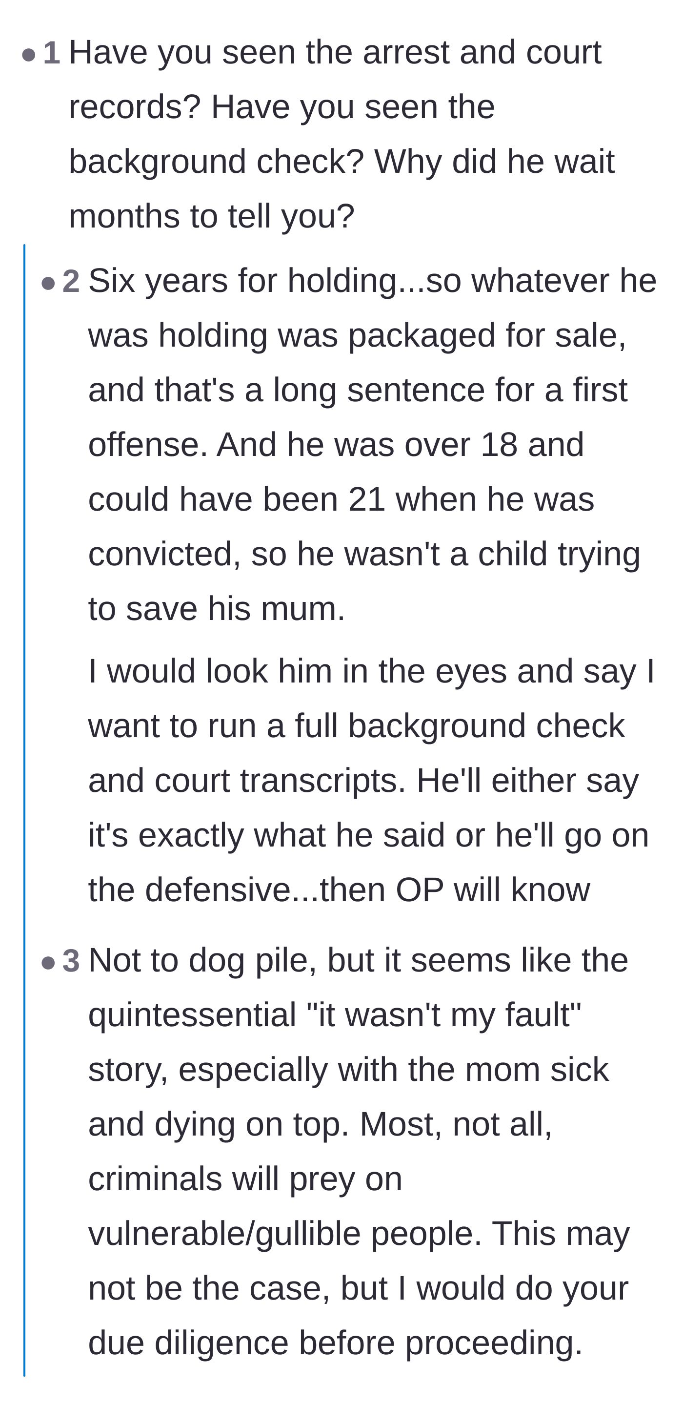Comment thread 2 - Commenters urge the bride to check the official court transcripts and consider how a felony record affects future family life