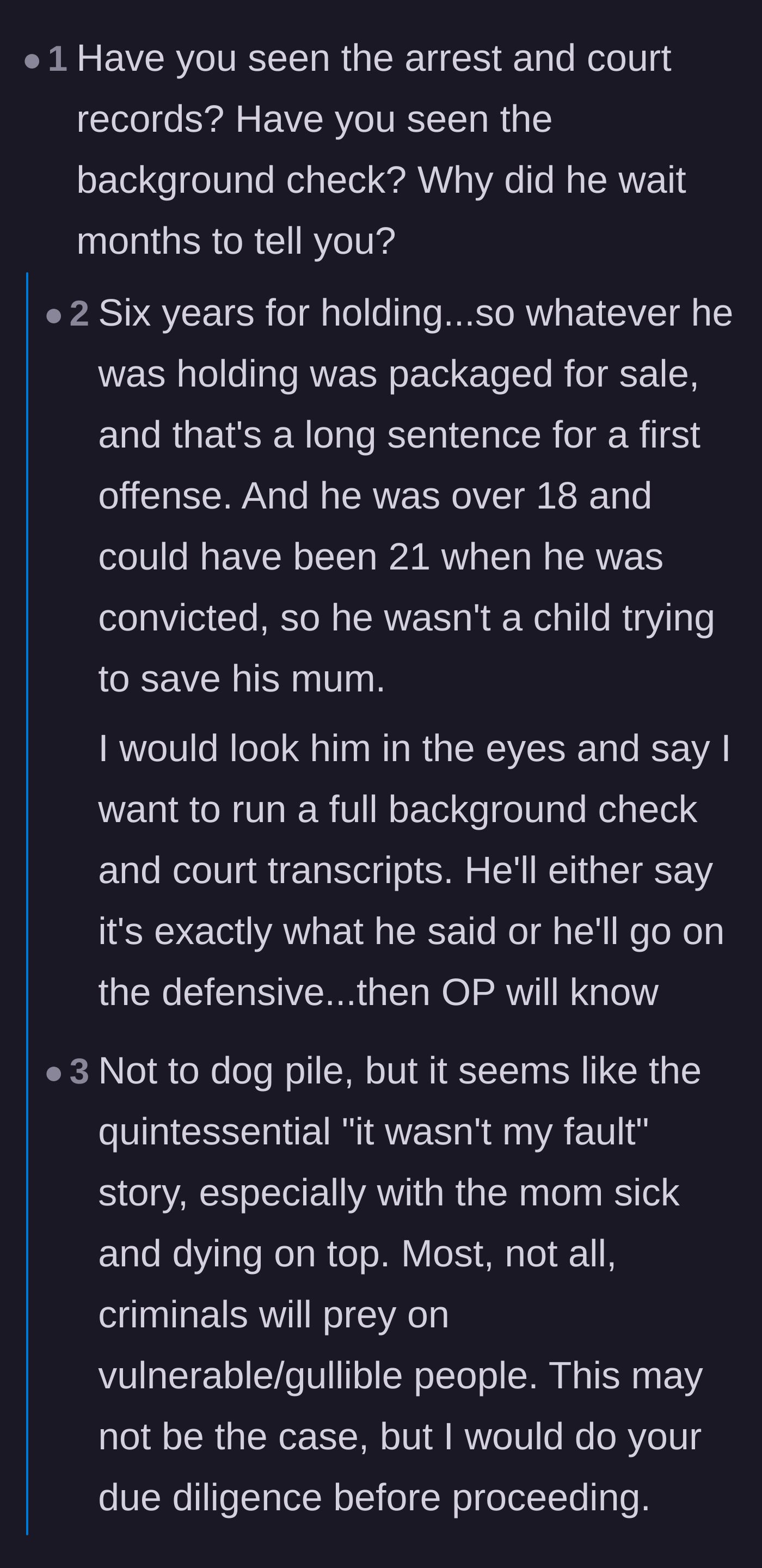 Comment thread 2 - Commenters urge the bride to check the official court transcripts and consider how a felony record affects future family life