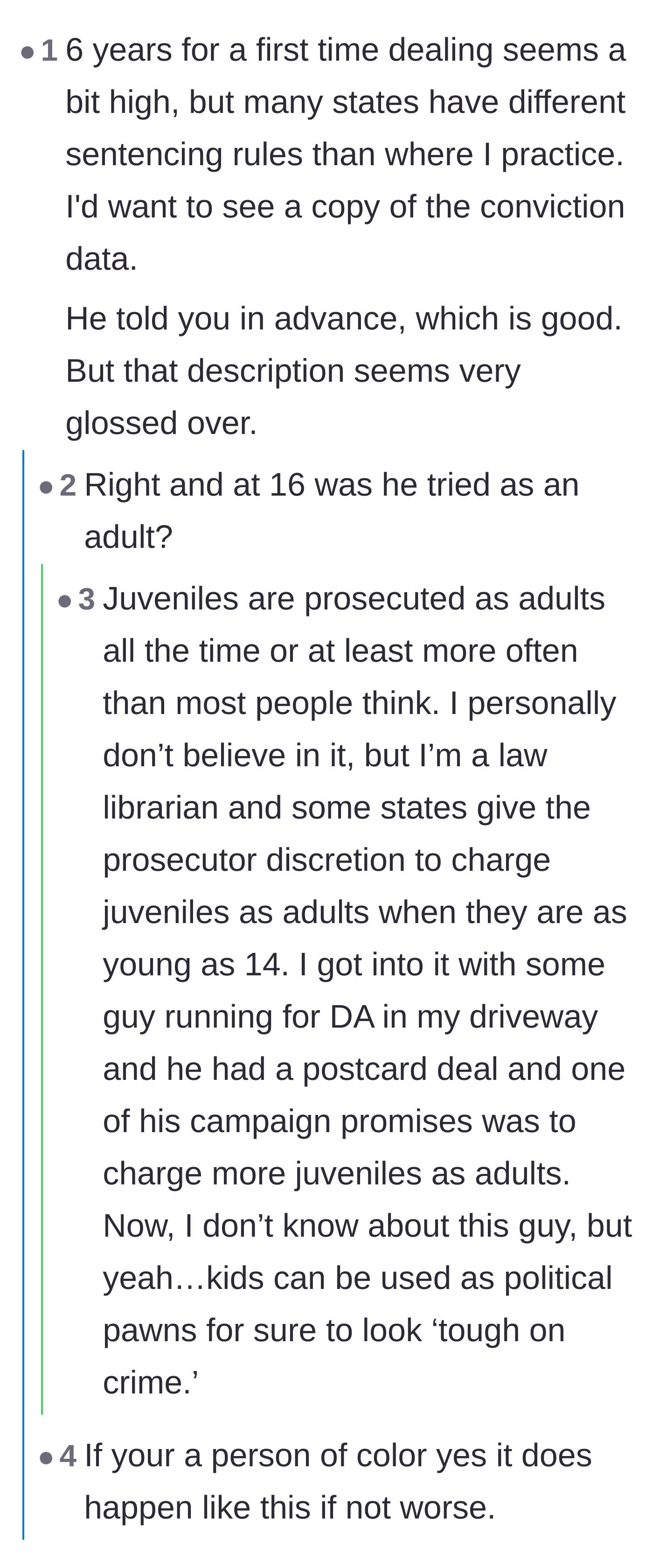 Comment thread 3 - A legal professional questions the length of the first-time sentence and sparks a discussion on charging minors as adults