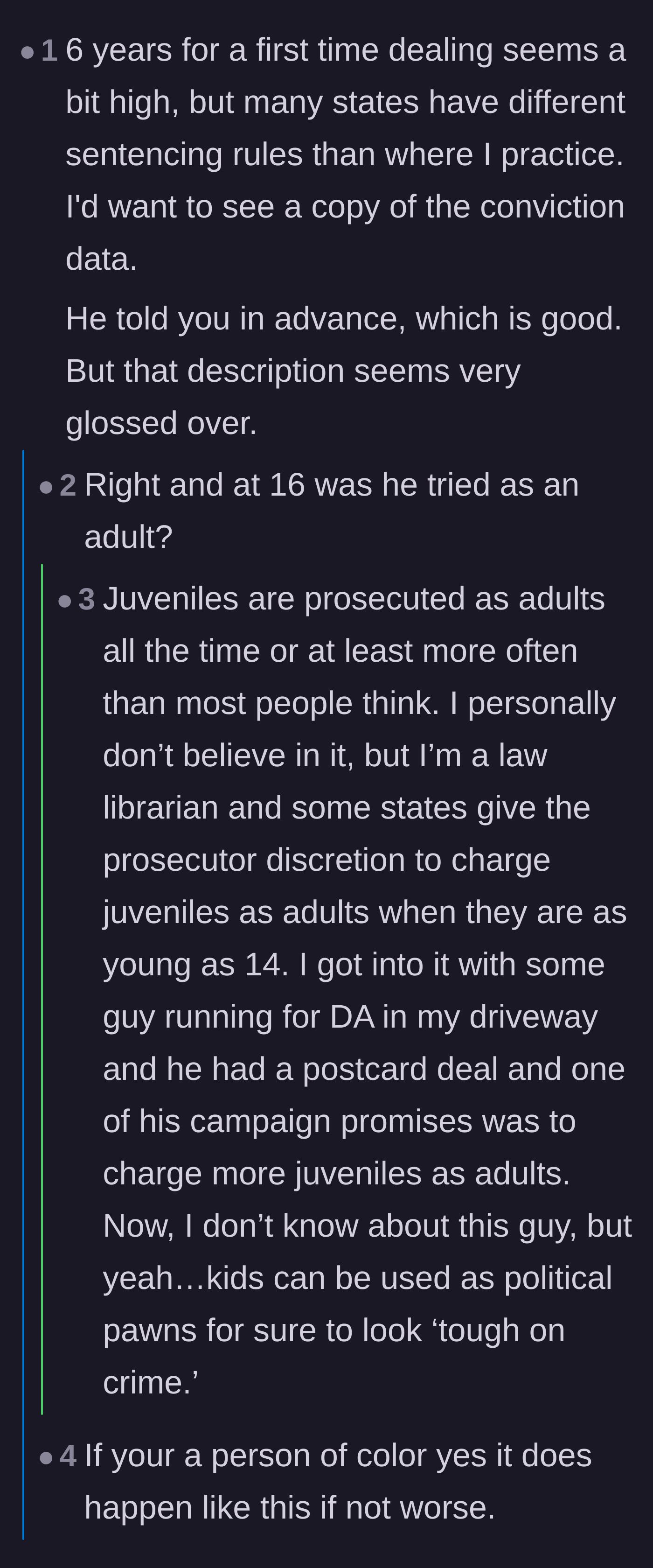 Comment thread 3 - A legal professional questions the length of the first-time sentence and sparks a discussion on charging minors as adults