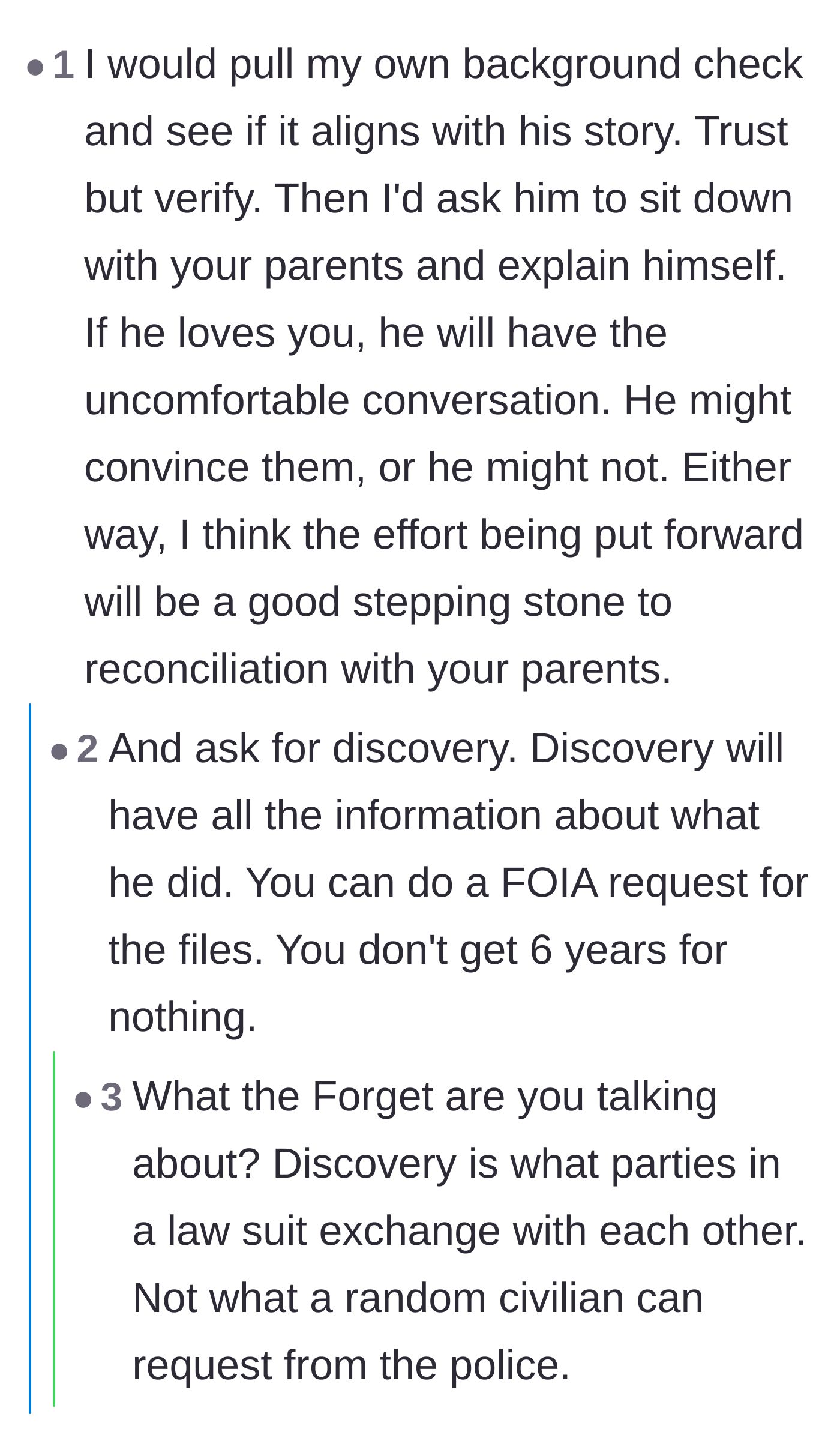 Comment thread 4 - Advice on verifying the fiancé's record through public files and arranging an honest sit-down conversation with her parents