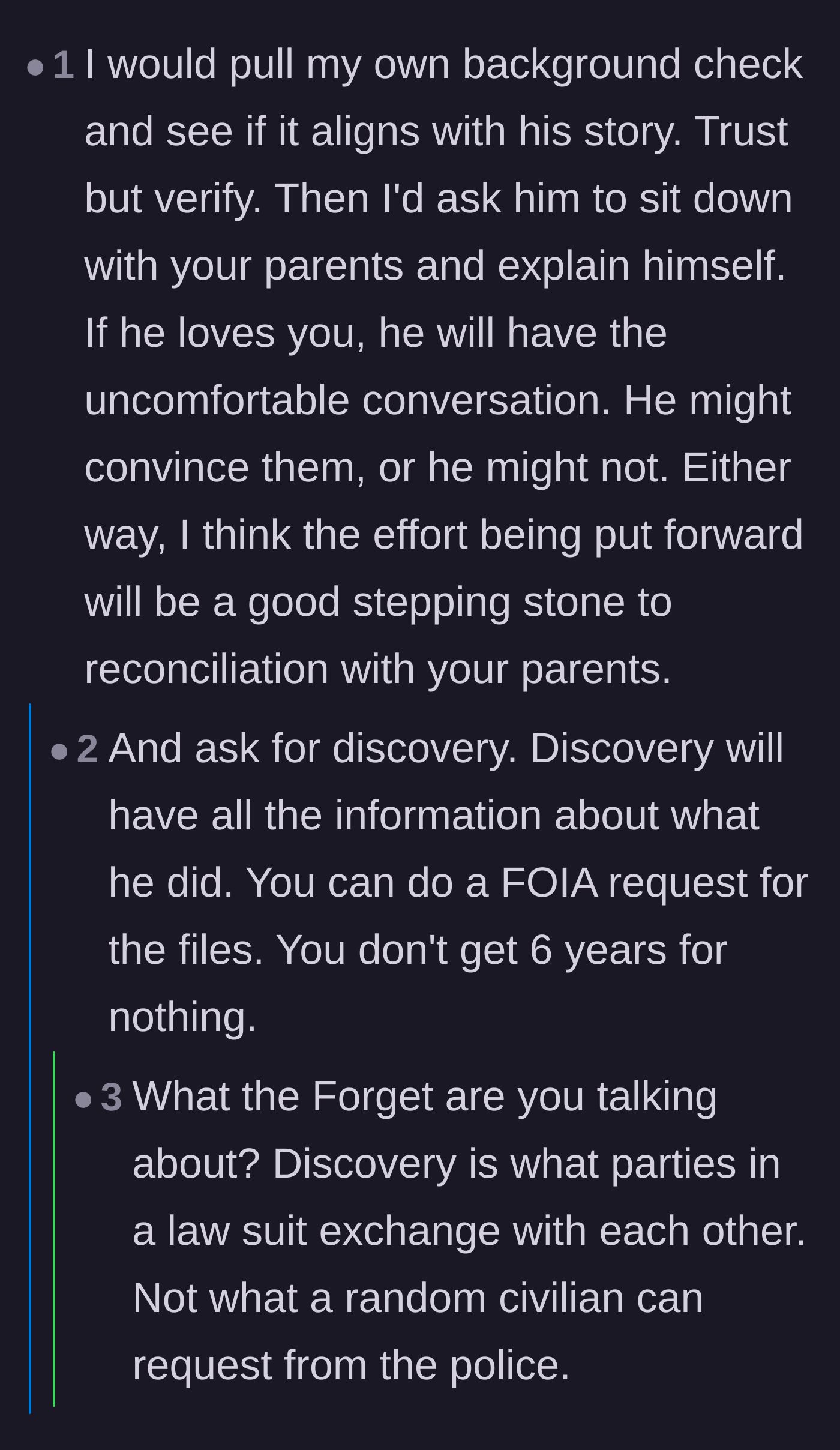 Comment thread 4 - Advice on verifying the fiancé's record through public files and arranging an honest sit-down conversation with her parents