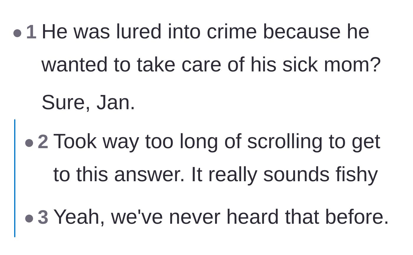 Comment thread 5 - Skeptical readers call out the fiancé's excuse of committing crimes to help his sick mother as an unbelievable cliché