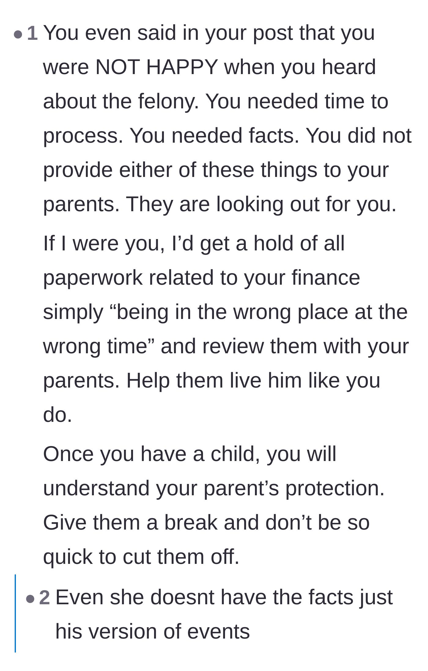 Comment thread 6 - Commenters point out that the bride was initially shocked by the felony too and should give her parents time and facts to process it
