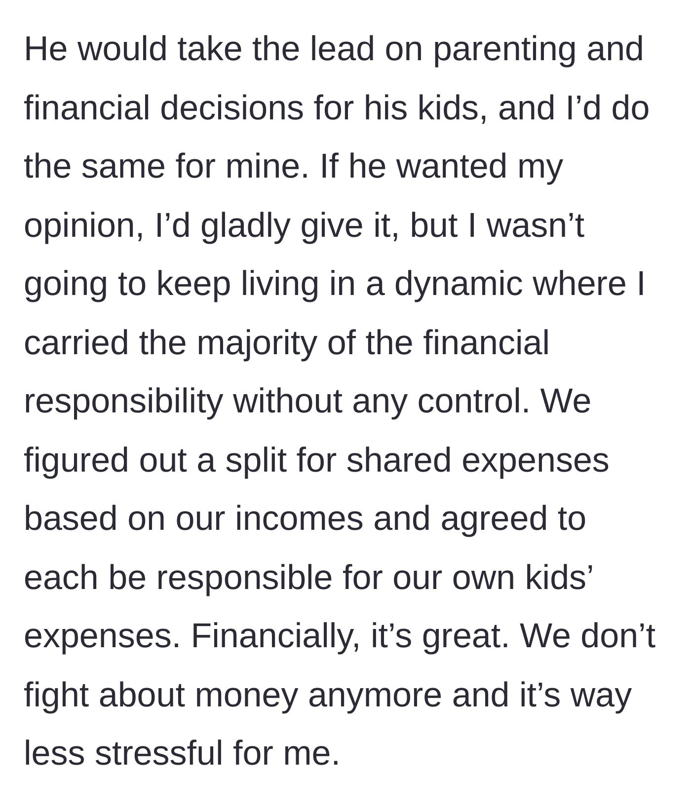 Story part 4 - The couple successfully separating their finances and responsibilities by biological lines, greatly reducing the stepmom's stress.