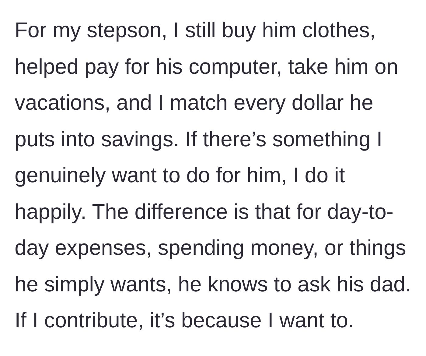 Story part 6 - The stepmom continuing to voluntarily treat her stepson, matching his savings because she wants to, not because she has to.