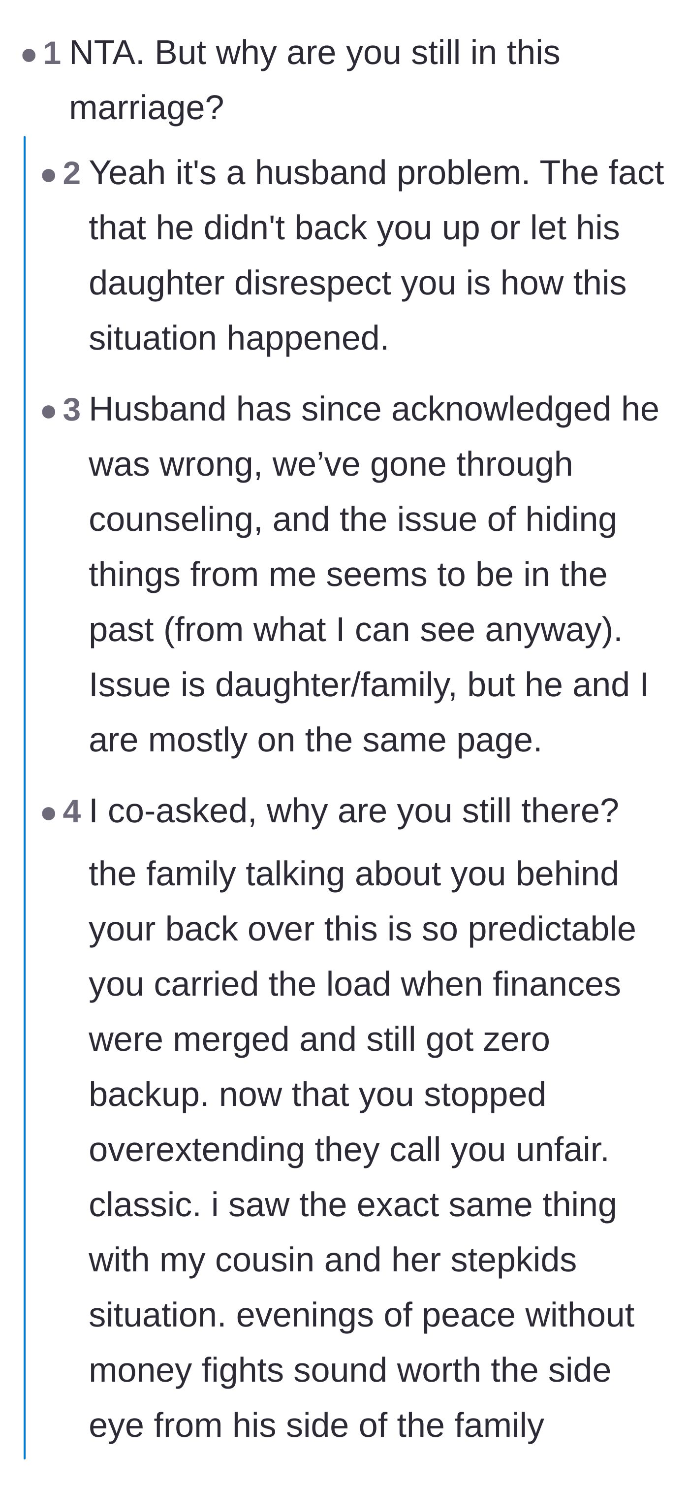 Comment thread 1 - Advice on exposing the husband's financial deceit to the rest of his family.