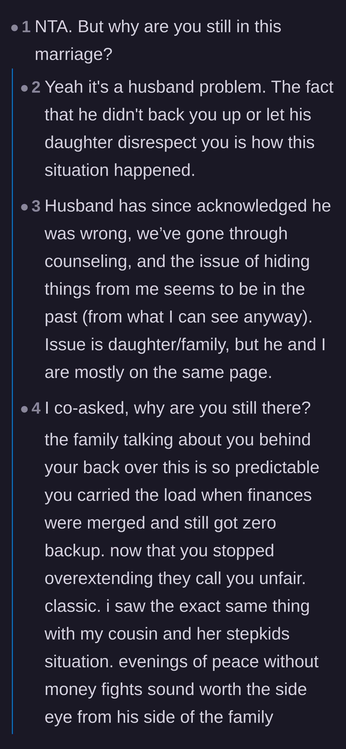 Comment thread 1 - Advice on exposing the husband's financial deceit to the rest of his family.