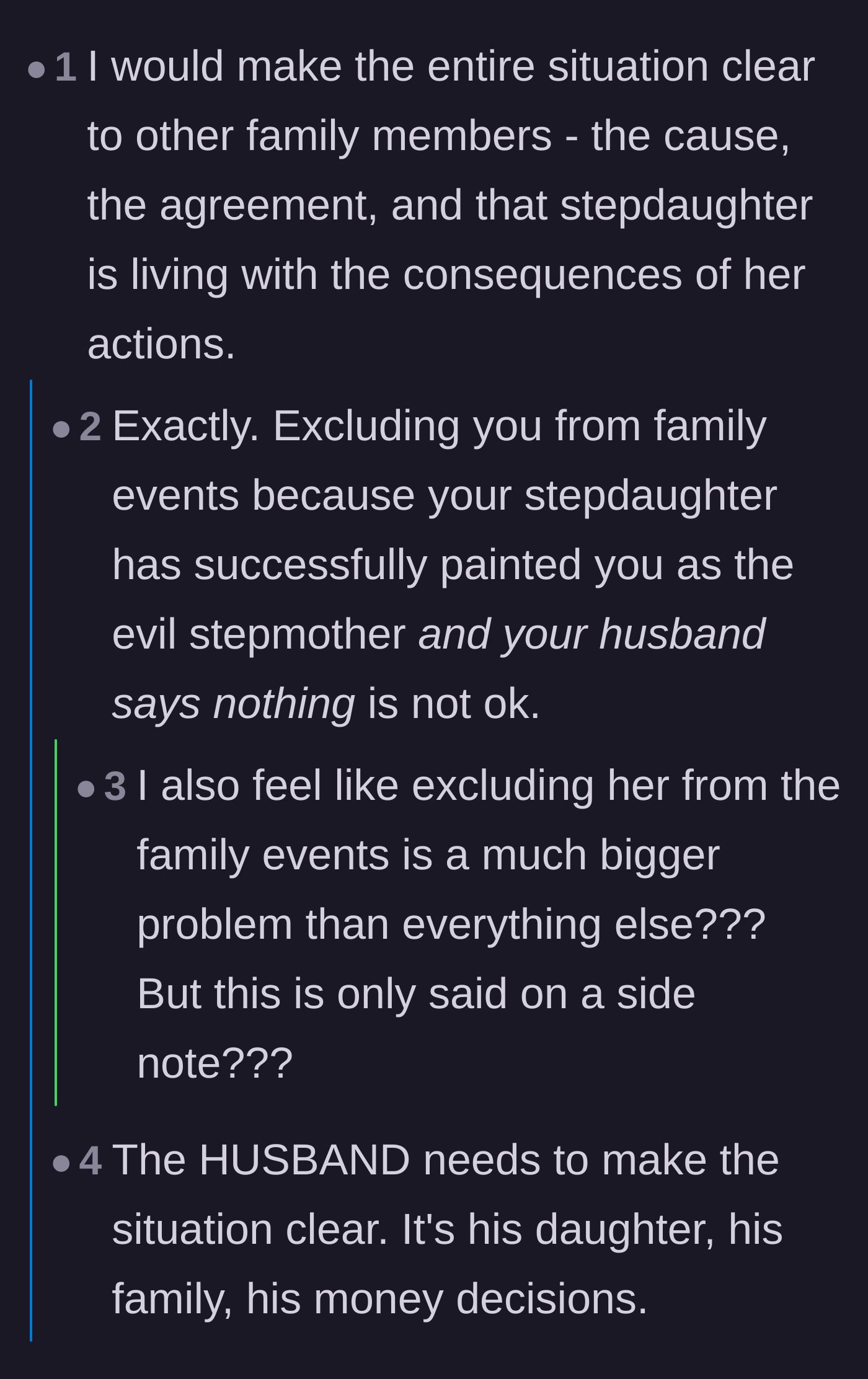 Comment thread 5 - Calling out the husband for letting his family exclude his wife from events.