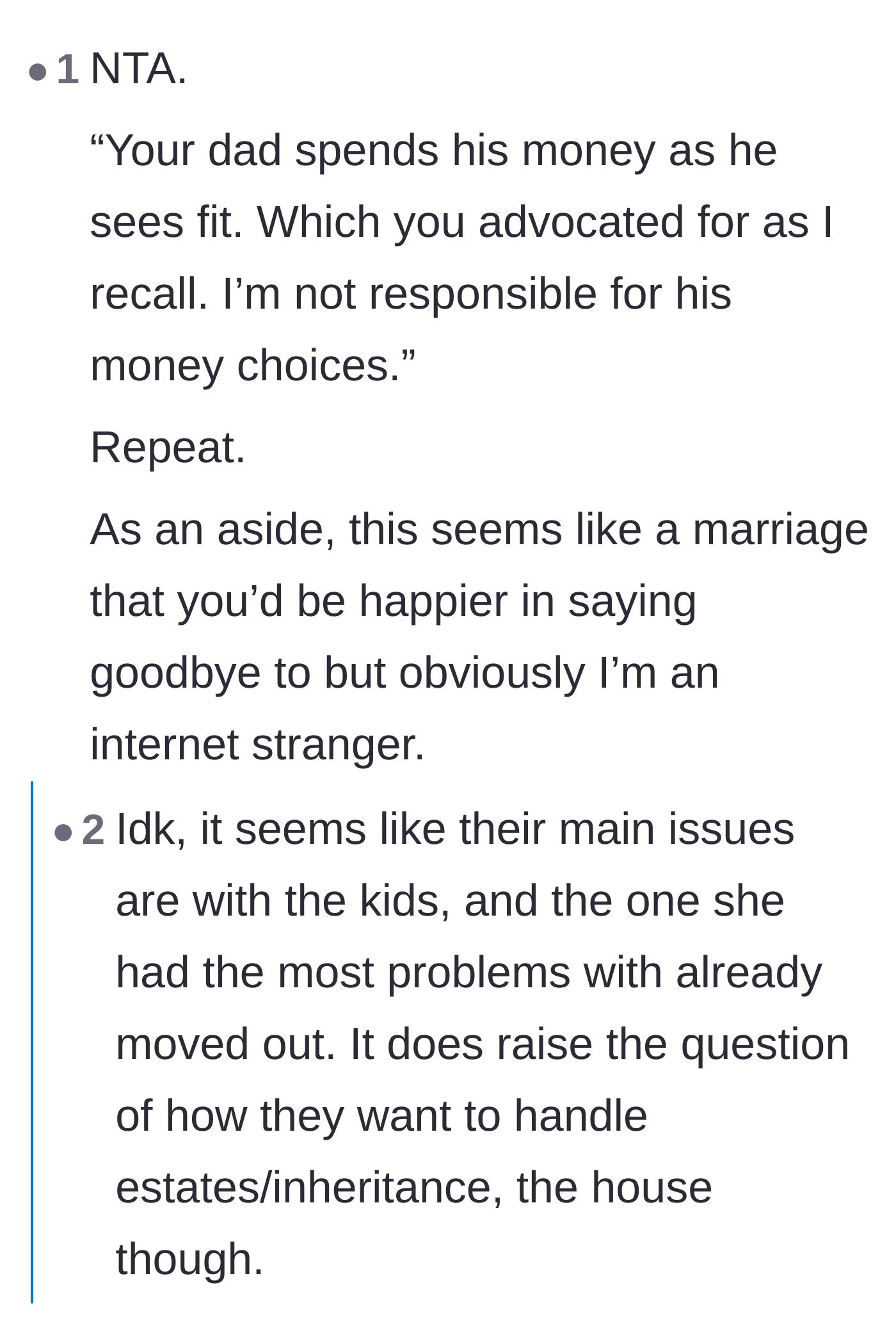 Comment thread 6 - Pointing out that the husband still benefits from his wife's higher income despite the split.