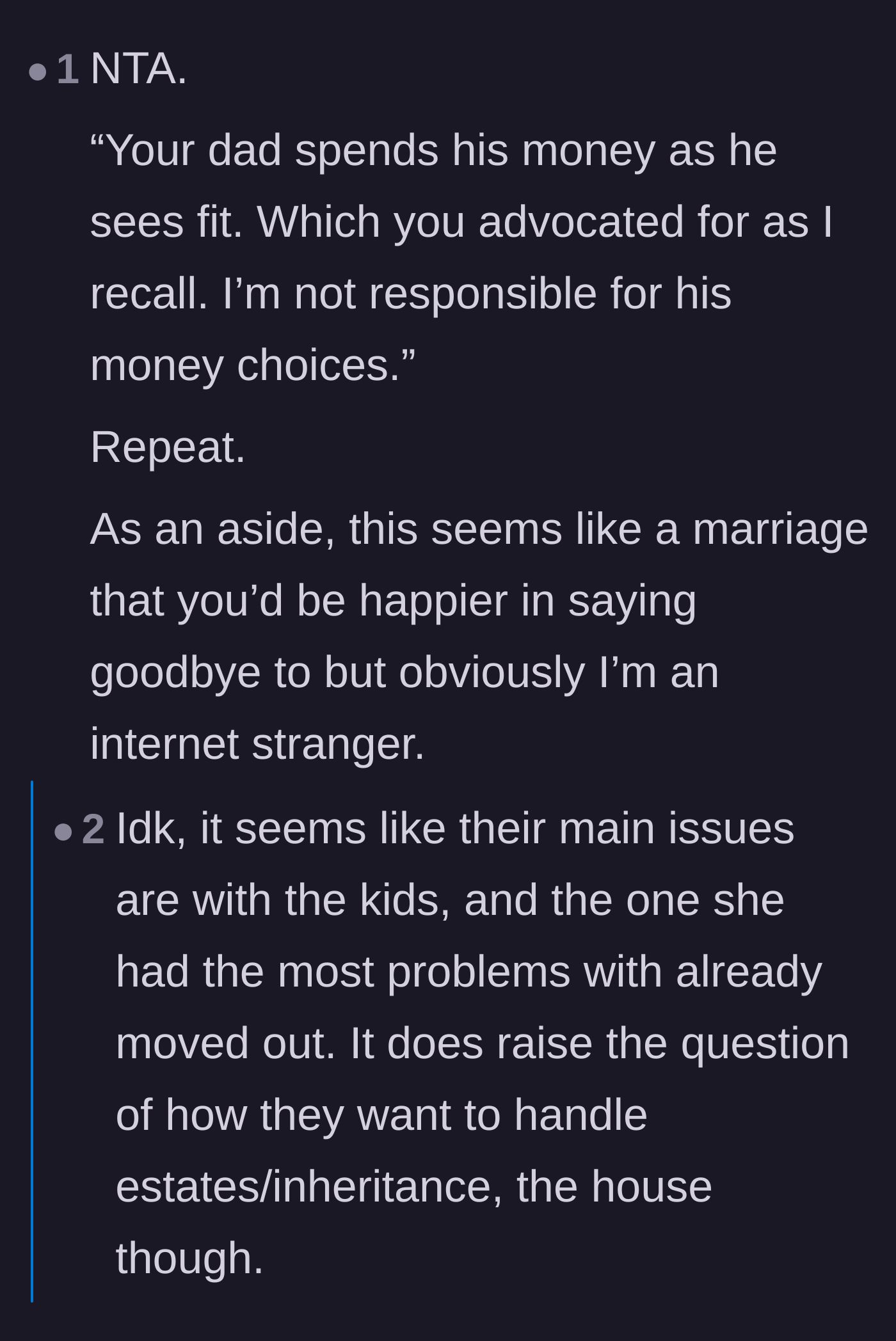 Comment thread 6 - Pointing out that the husband still benefits from his wife's higher income despite the split.