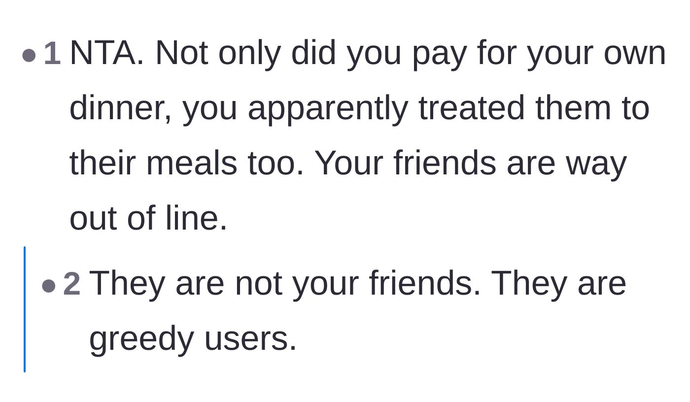 Comment thread 1 - Readers pointing out that the main character didn't just pay for her own meal, but fully funded the friends' meals too