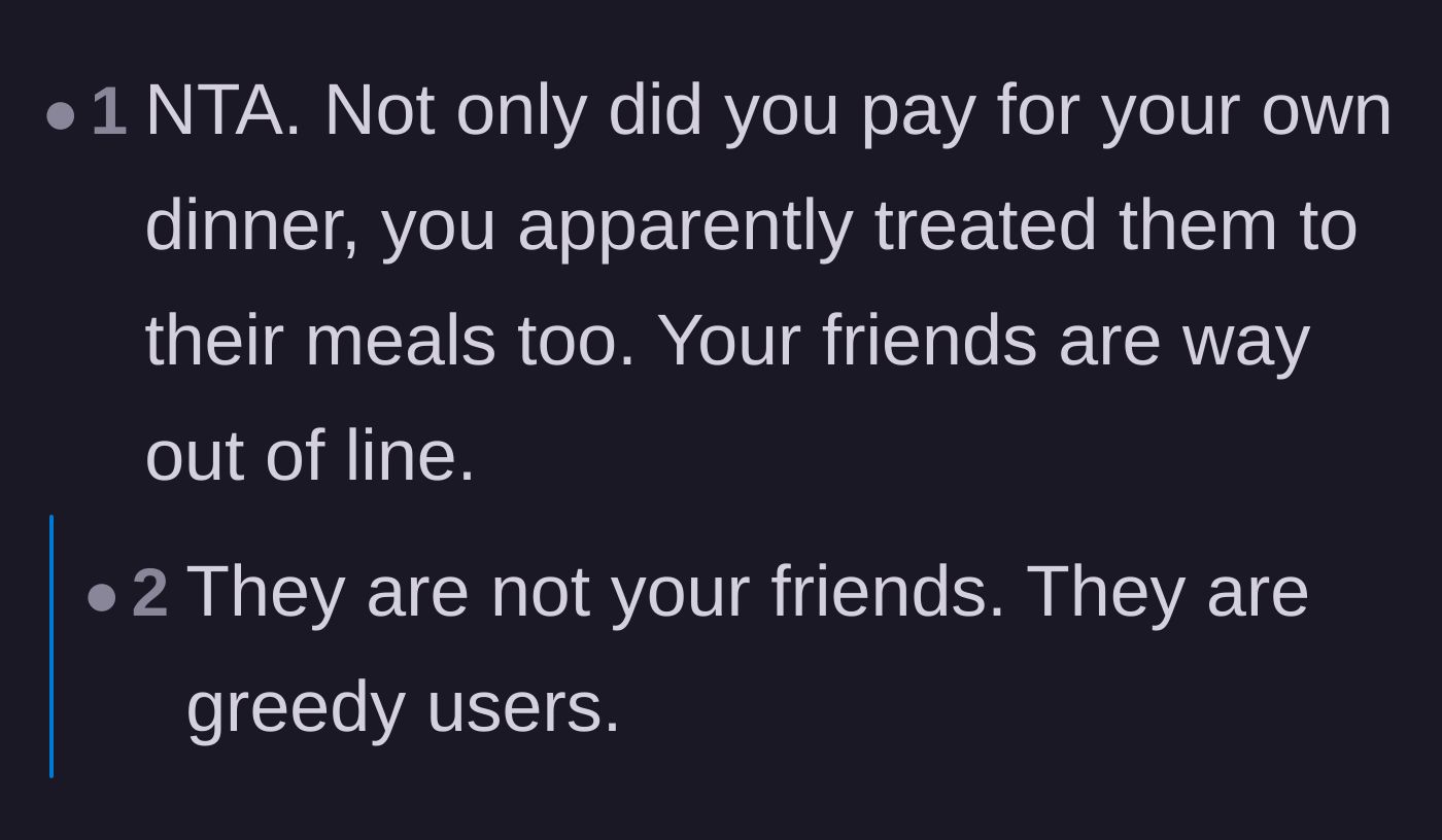 Comment thread 1 - Readers pointing out that the main character didn't just pay for her own meal, but fully funded the friends' meals too