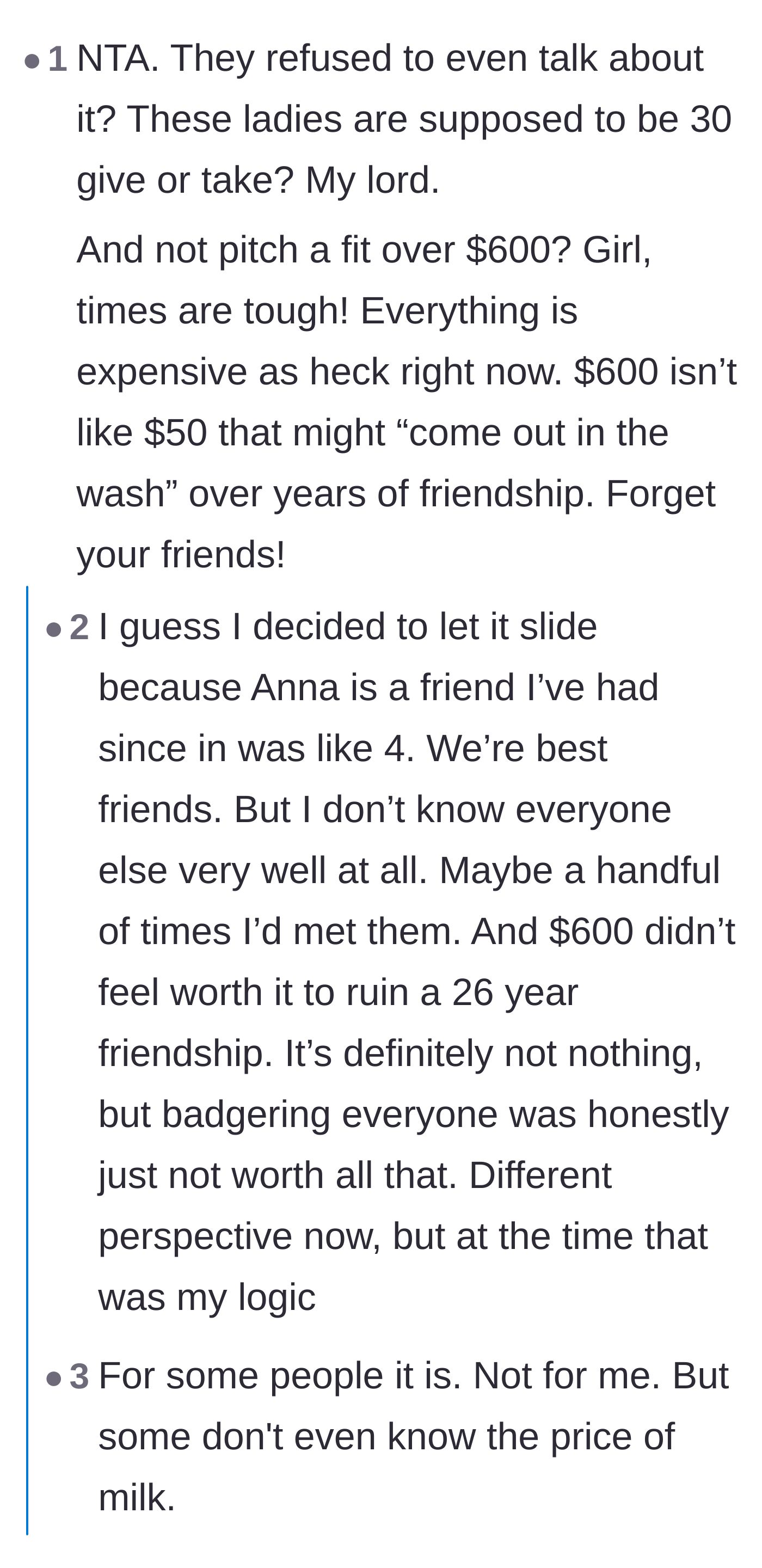 Comment thread 3 - Outrage over dodging a $600 debt and a debate on whether a 26-year friendship is worth the disrespect