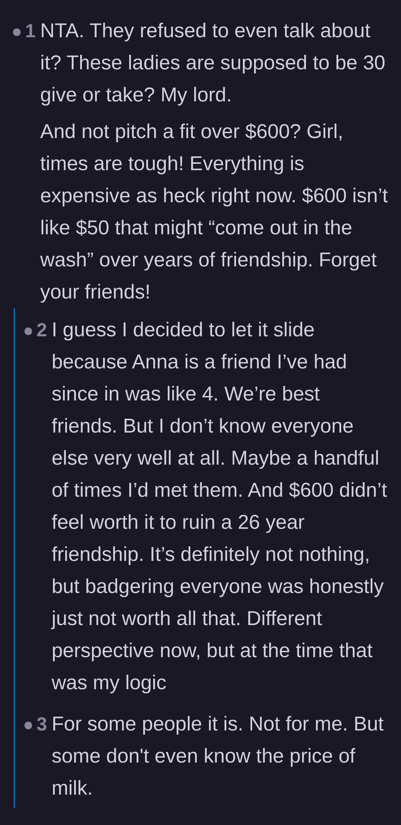 Comment thread 3 - Outrage over dodging a $600 debt and a debate on whether a 26-year friendship is worth the disrespect