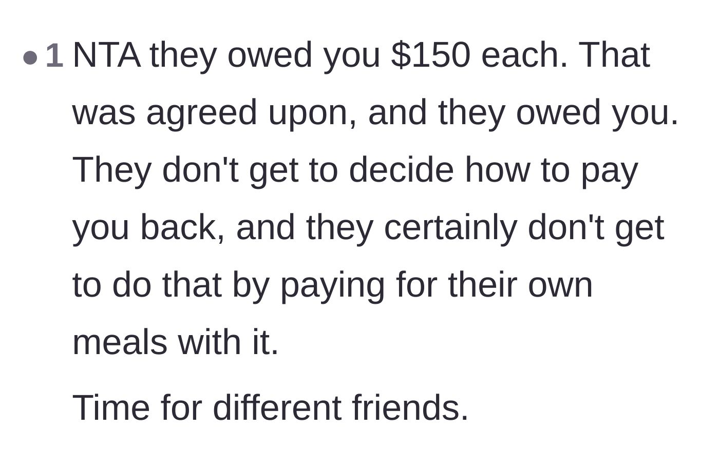 Comment thread 5 - Agreement that the friends had no right to use owed money to buy their own food