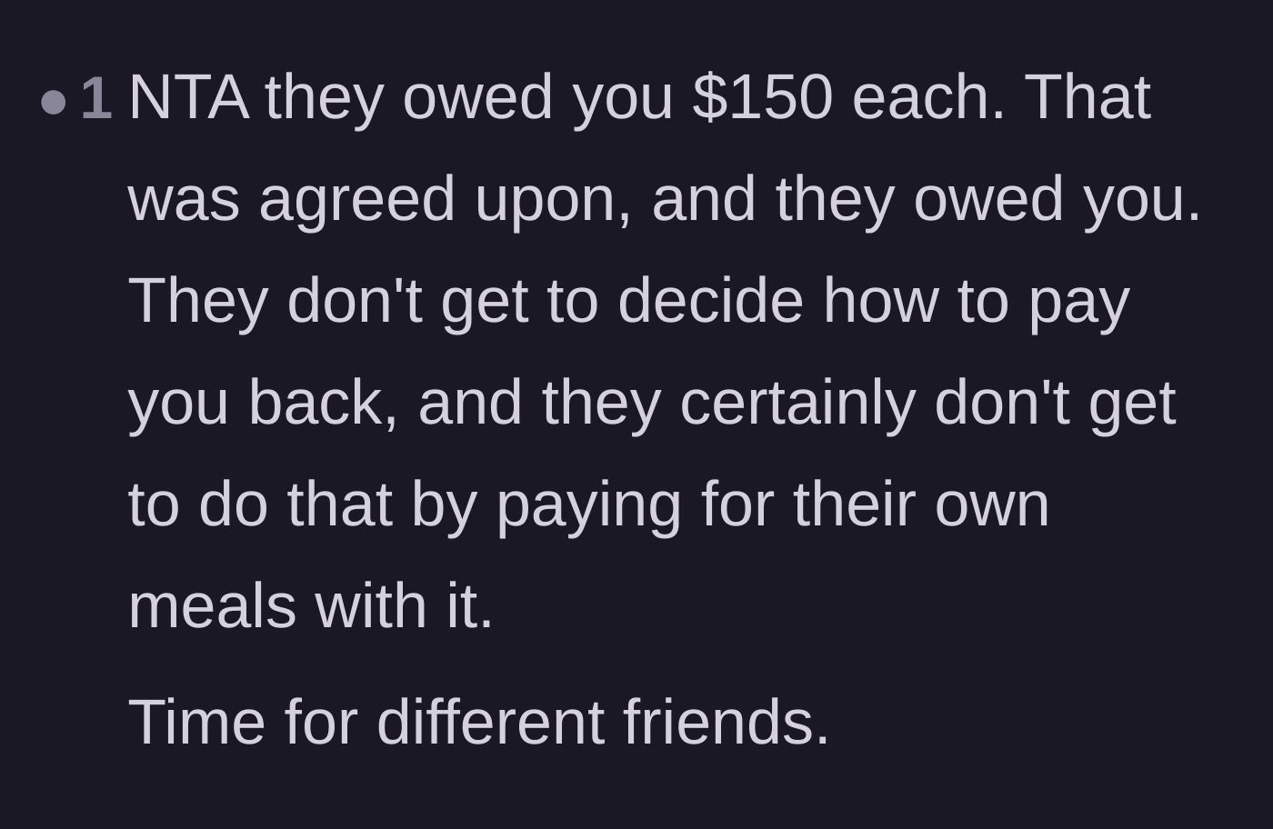 Comment thread 5 - Agreement that the friends had no right to use owed money to buy their own food