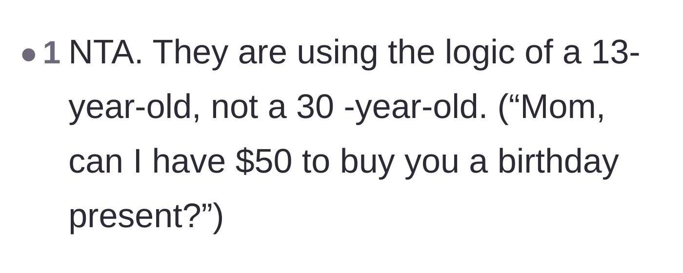 Comment thread 6 - Comparing the friends' financial logic to a 13-year-old asking their mom for gift money