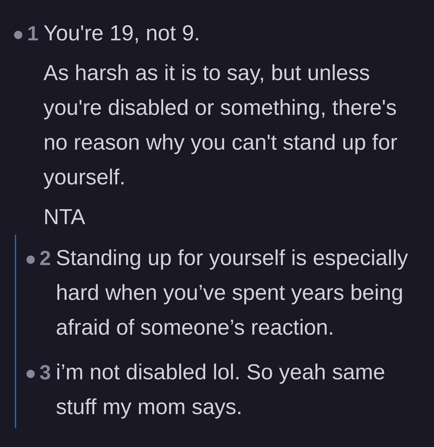 Comment thread discussing the paralyzing effects of long-term emotional manipulation and the painful realization of conditional parental love.