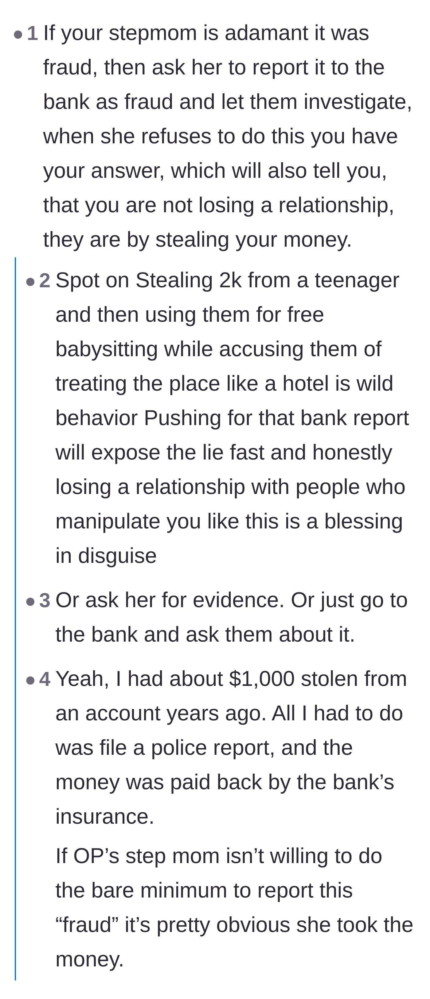 Comment thread suggesting the main character demand a formal bank or police fraud report to expose the stepmother's lie.