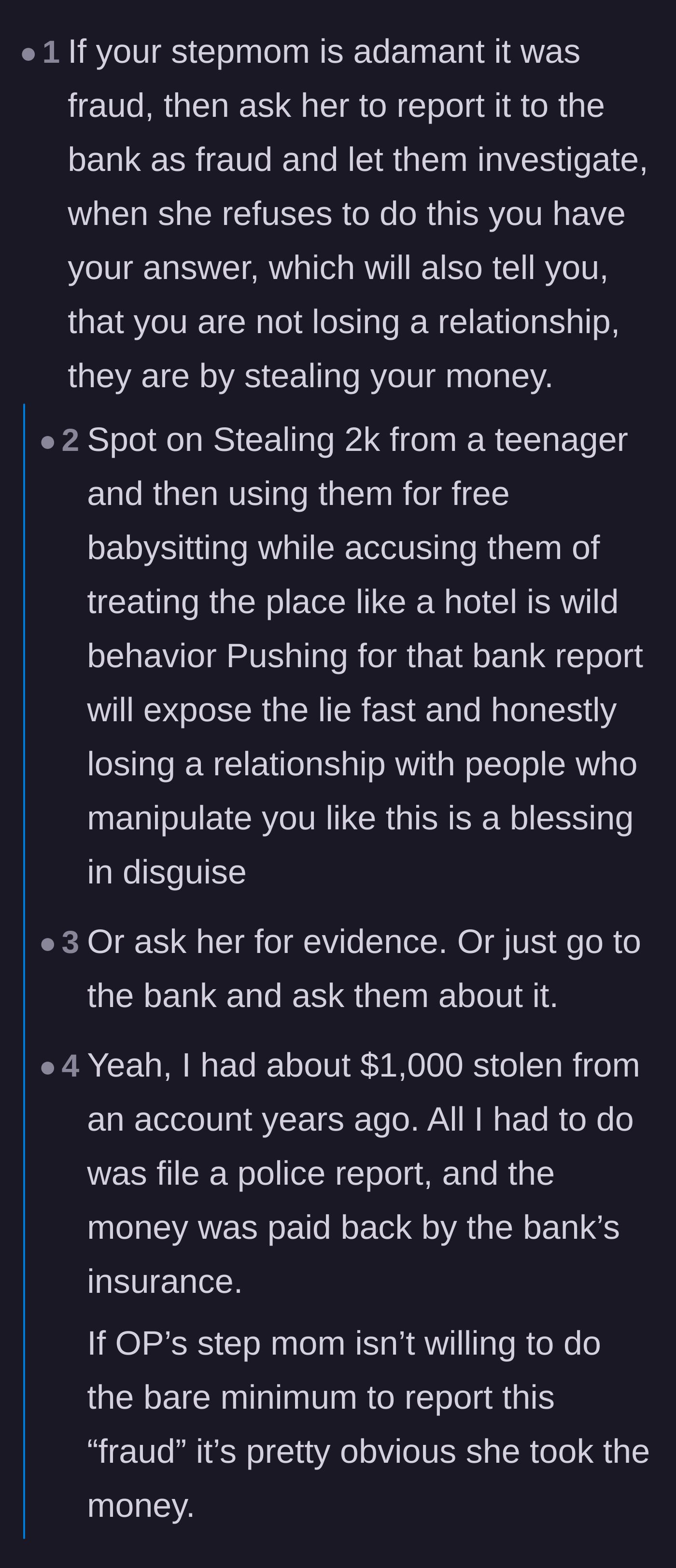Comment thread suggesting the main character demand a formal bank or police fraud report to expose the stepmother's lie.