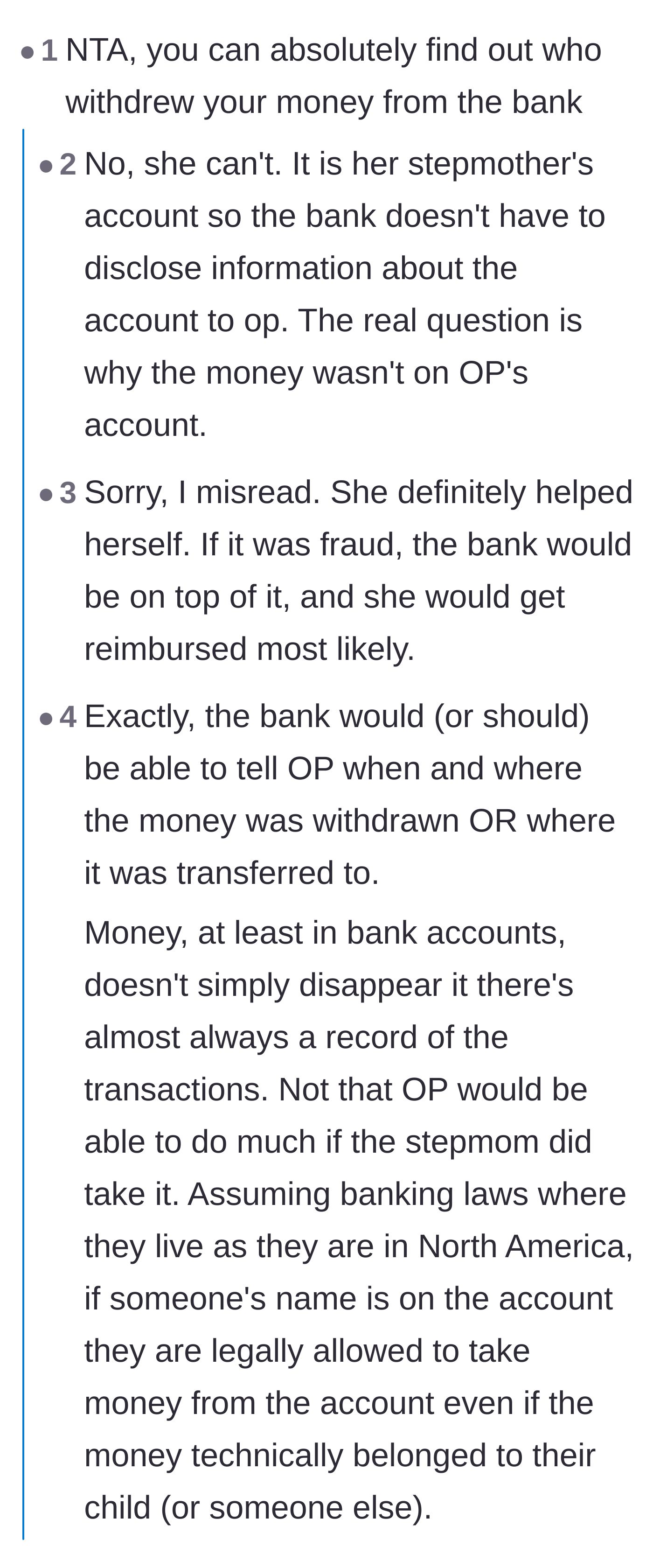 Comment thread debating the banking logistics of the missing funds and the legal trap of having the account solely in the stepmother's name.
