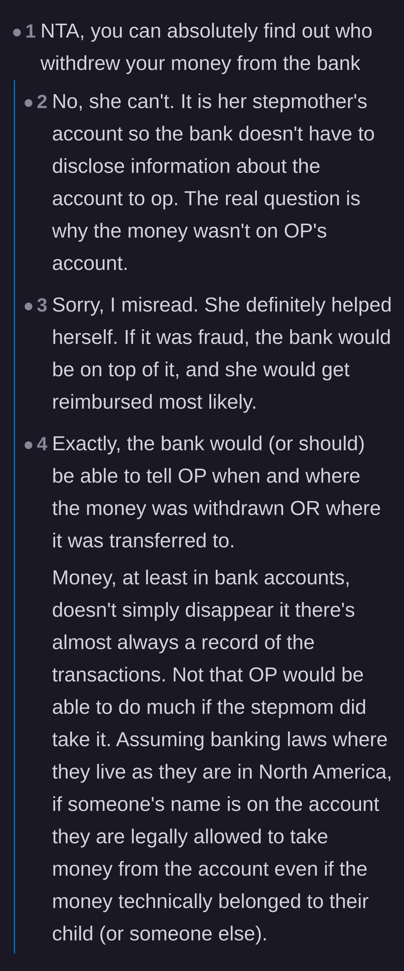 Comment thread debating the banking logistics of the missing funds and the legal trap of having the account solely in the stepmother's name.