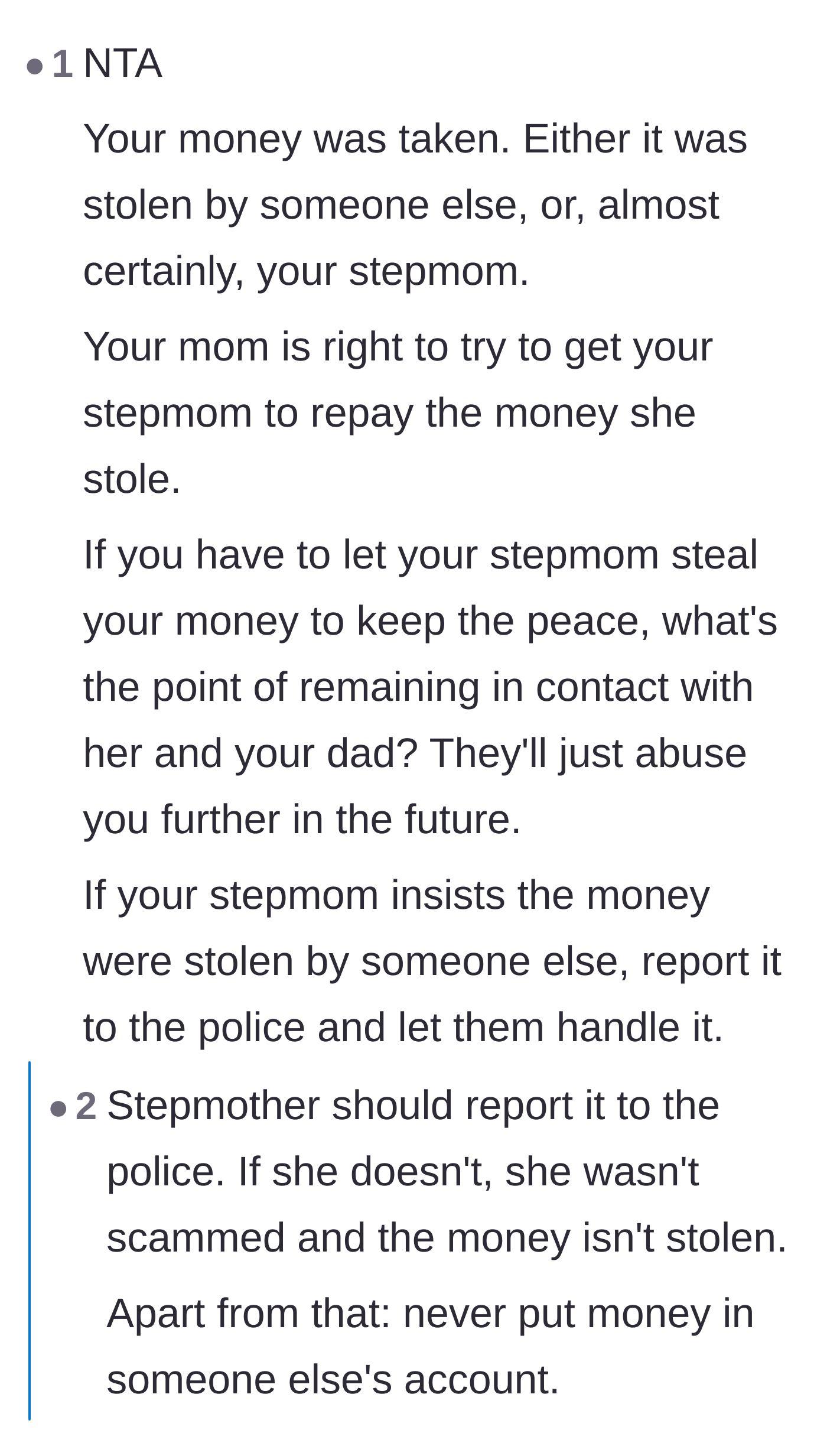 Comment thread discussing the futility of keeping the peace with someone who stole from you and advocating for police involvement.