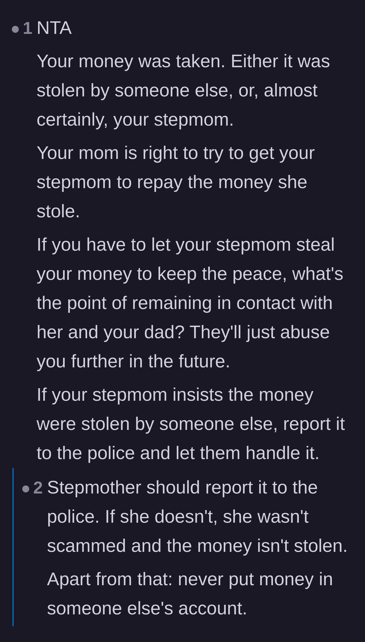 Comment thread discussing the futility of keeping the peace with someone who stole from you and advocating for police involvement.