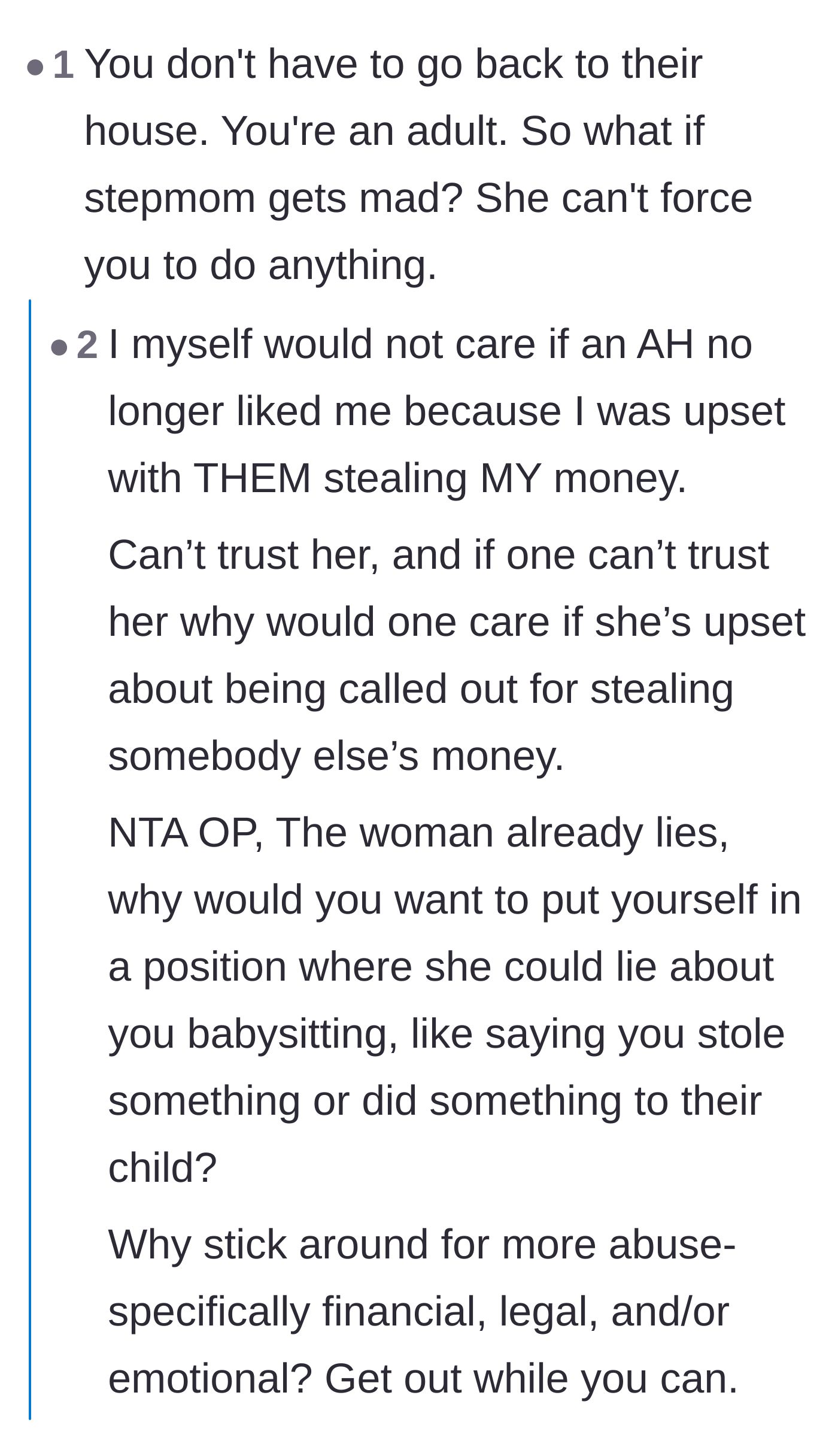 Comment thread advising the main character to walk away permanently to avoid further financial abuse or false accusations from the stepmother.