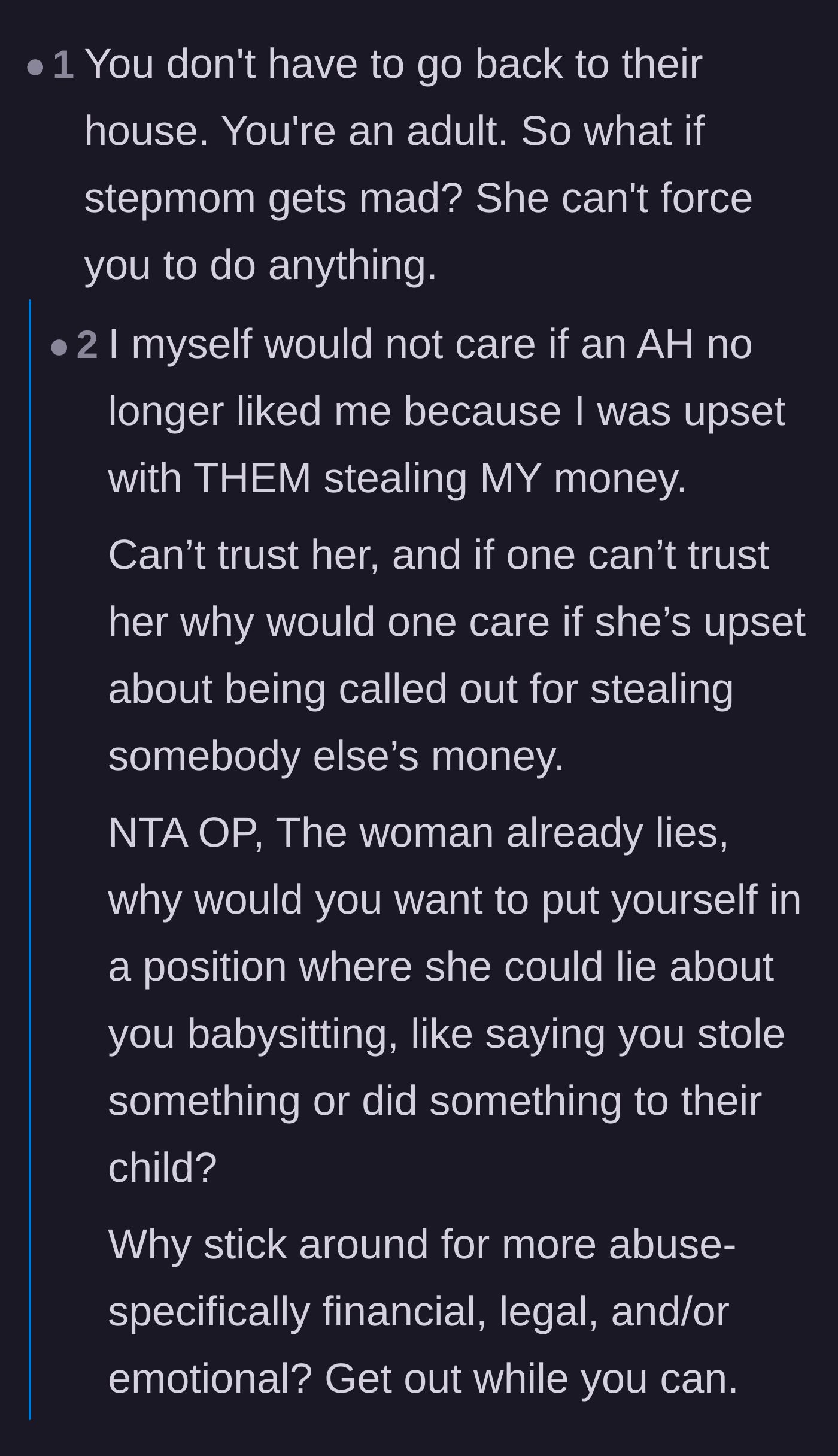 Comment thread advising the main character to walk away permanently to avoid further financial abuse or false accusations from the stepmother.