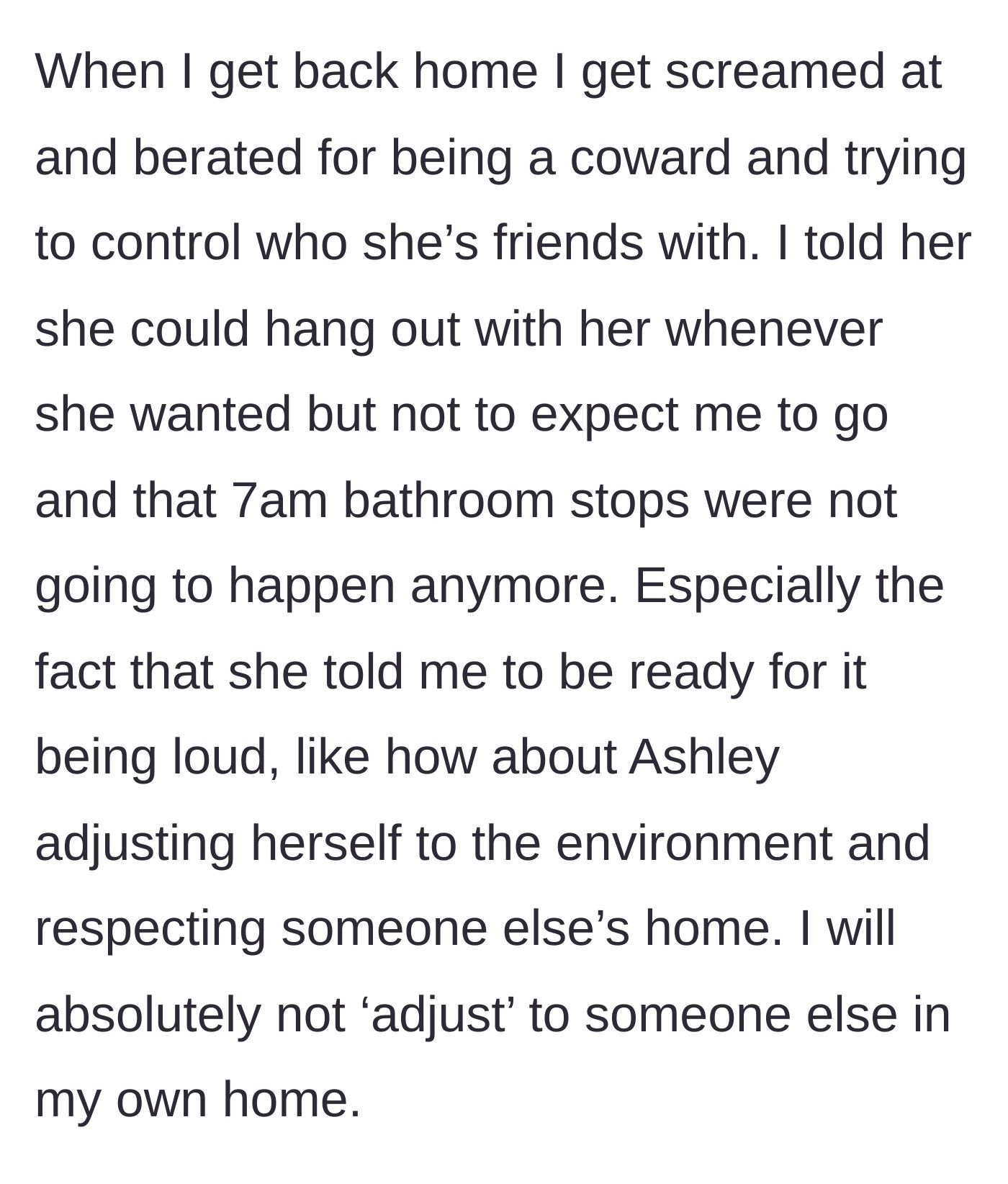 Story part 3 - Boyfriend returns home, gets screamed at by his girlfriend for leaving, and sets a firm boundary against morning visits and loud guests.