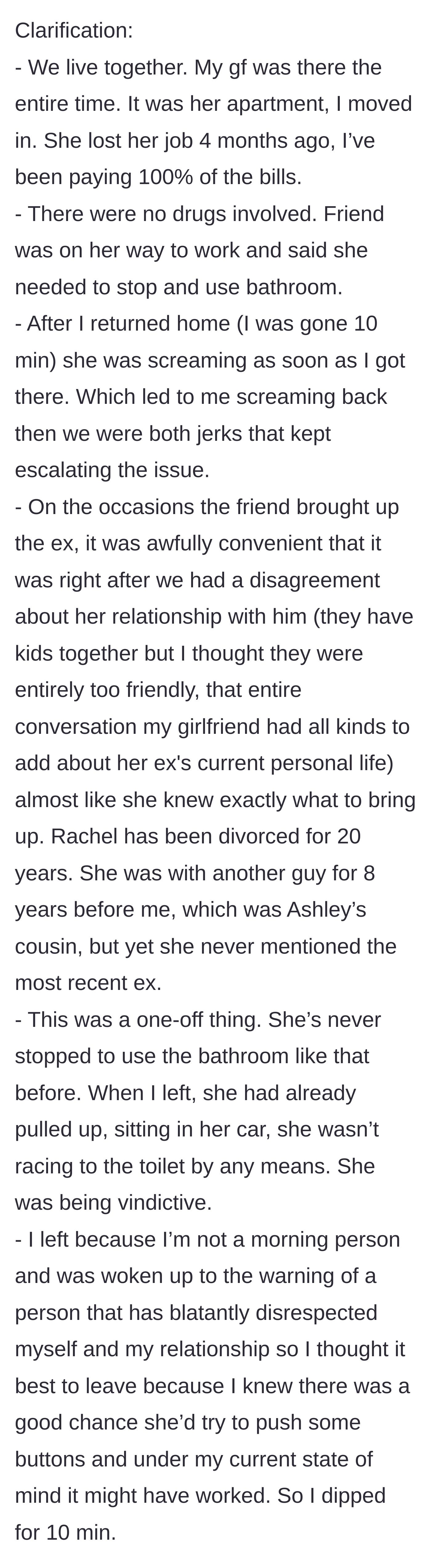 Story part 5 - Boyfriend clarifies that he pays all bills, the girlfriend likely coordinated the ex-talk, and the 7 AM visit was a deliberate, vindictive setup.