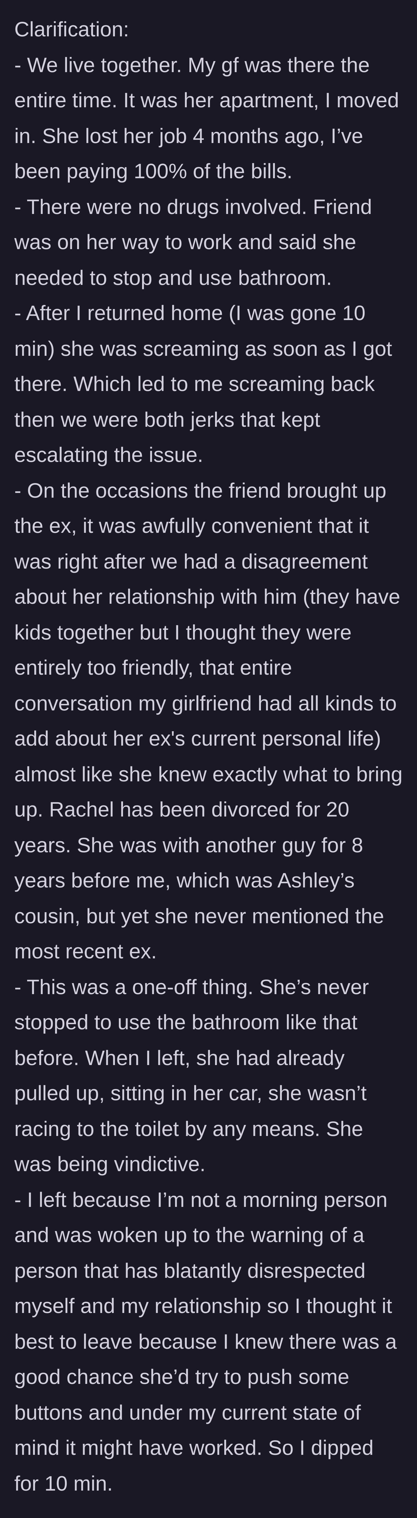 Story part 5 - Boyfriend clarifies that he pays all bills, the girlfriend likely coordinated the ex-talk, and the 7 AM visit was a deliberate, vindictive setup.