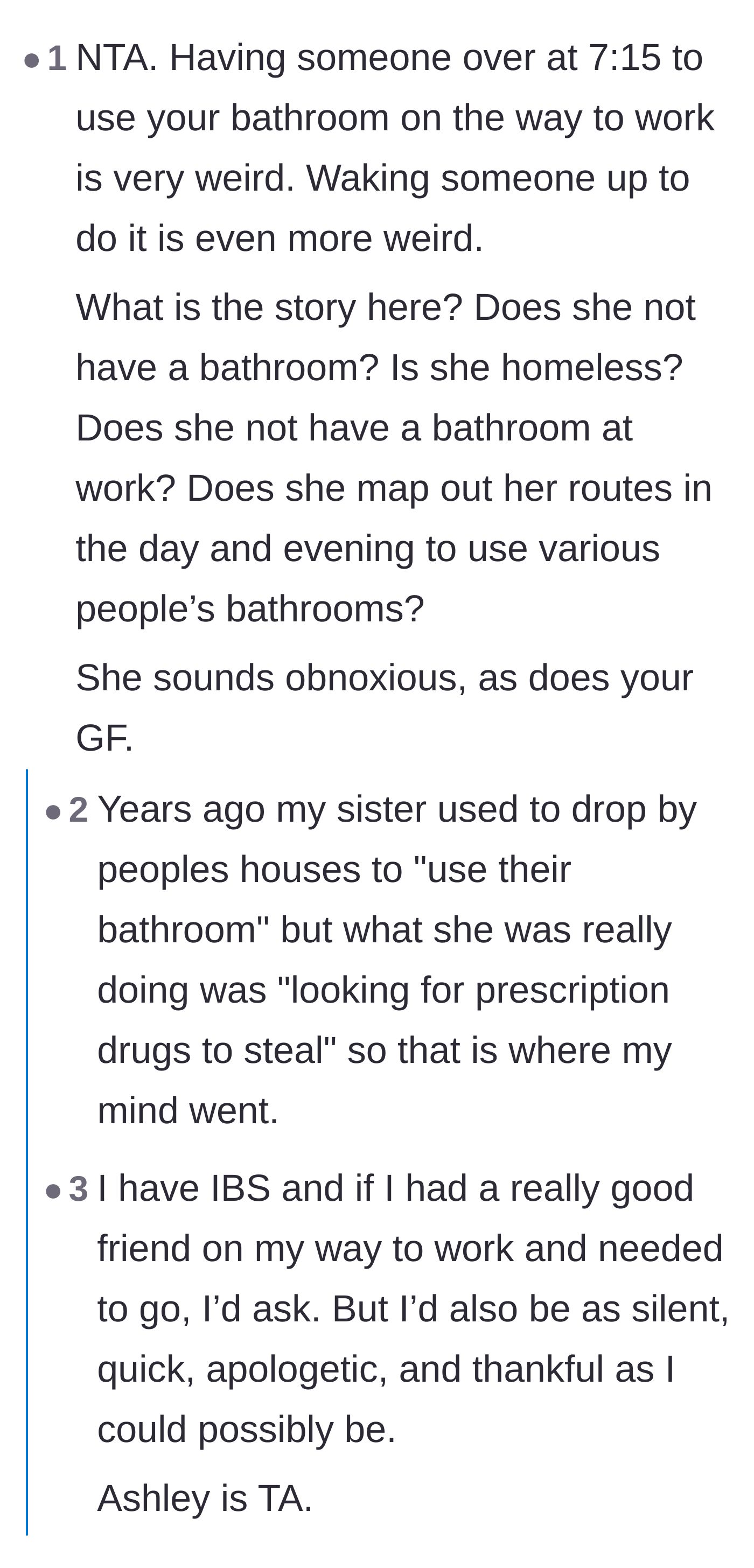Comment thread 2 - Commenters debate the real reason for the morning visit, ruling out bathroom emergencies since the friend was casually waiting in her car.