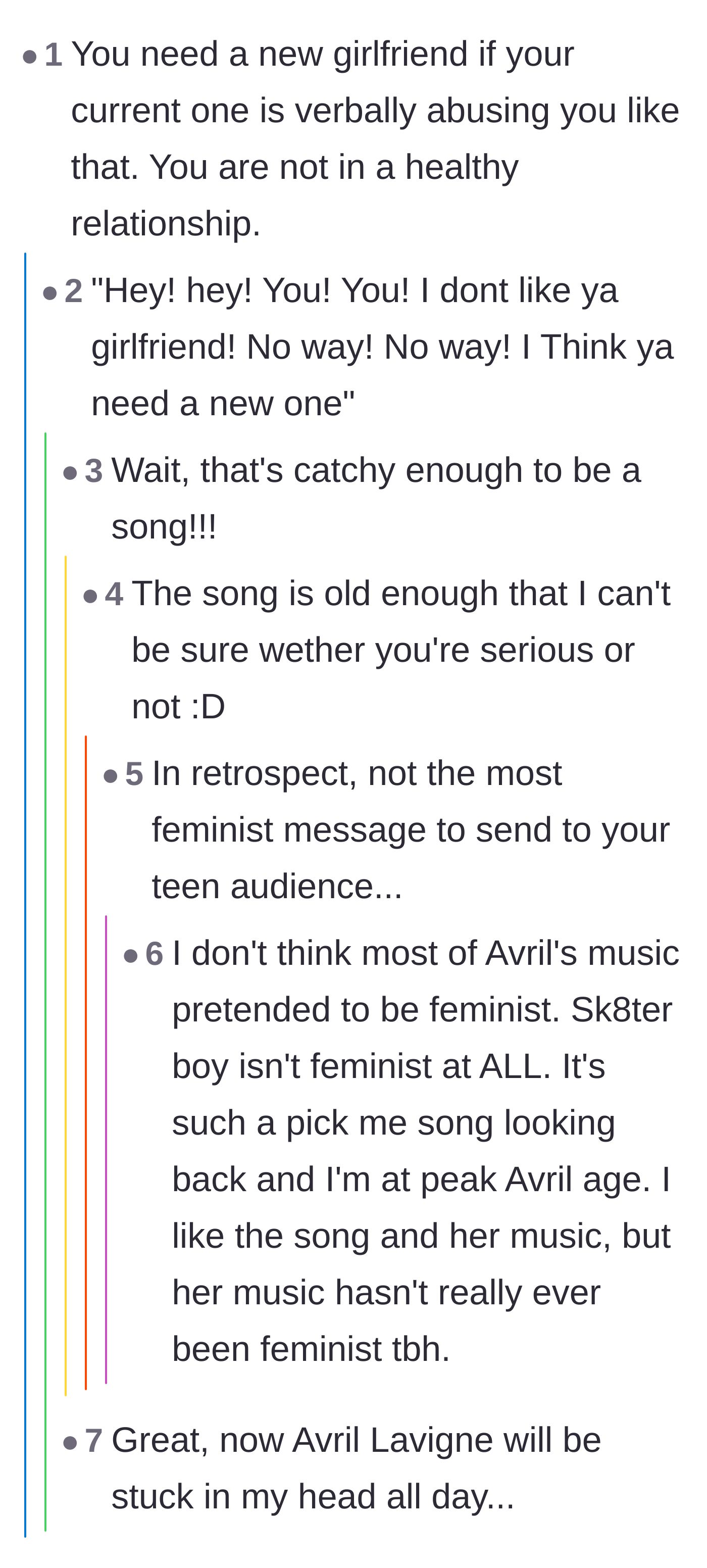 Comment thread 3 - Users point out the verbal abuse in the relationship, leading to a spontaneous Avril Lavigne singalong.
