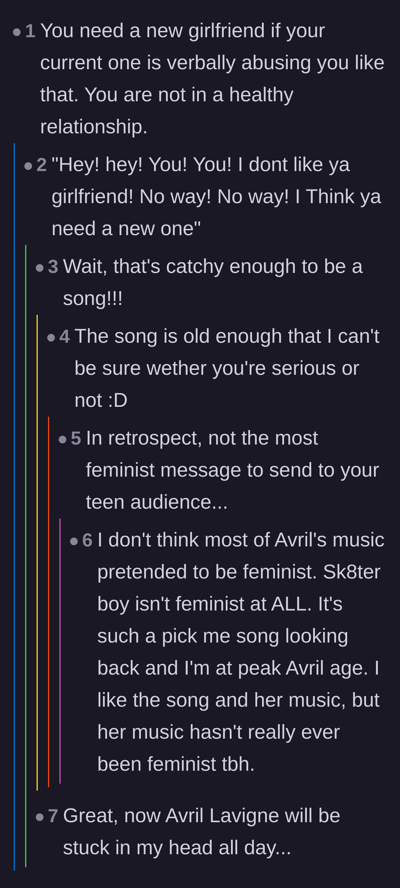 Comment thread 3 - Users point out the verbal abuse in the relationship, leading to a spontaneous Avril Lavigne singalong.